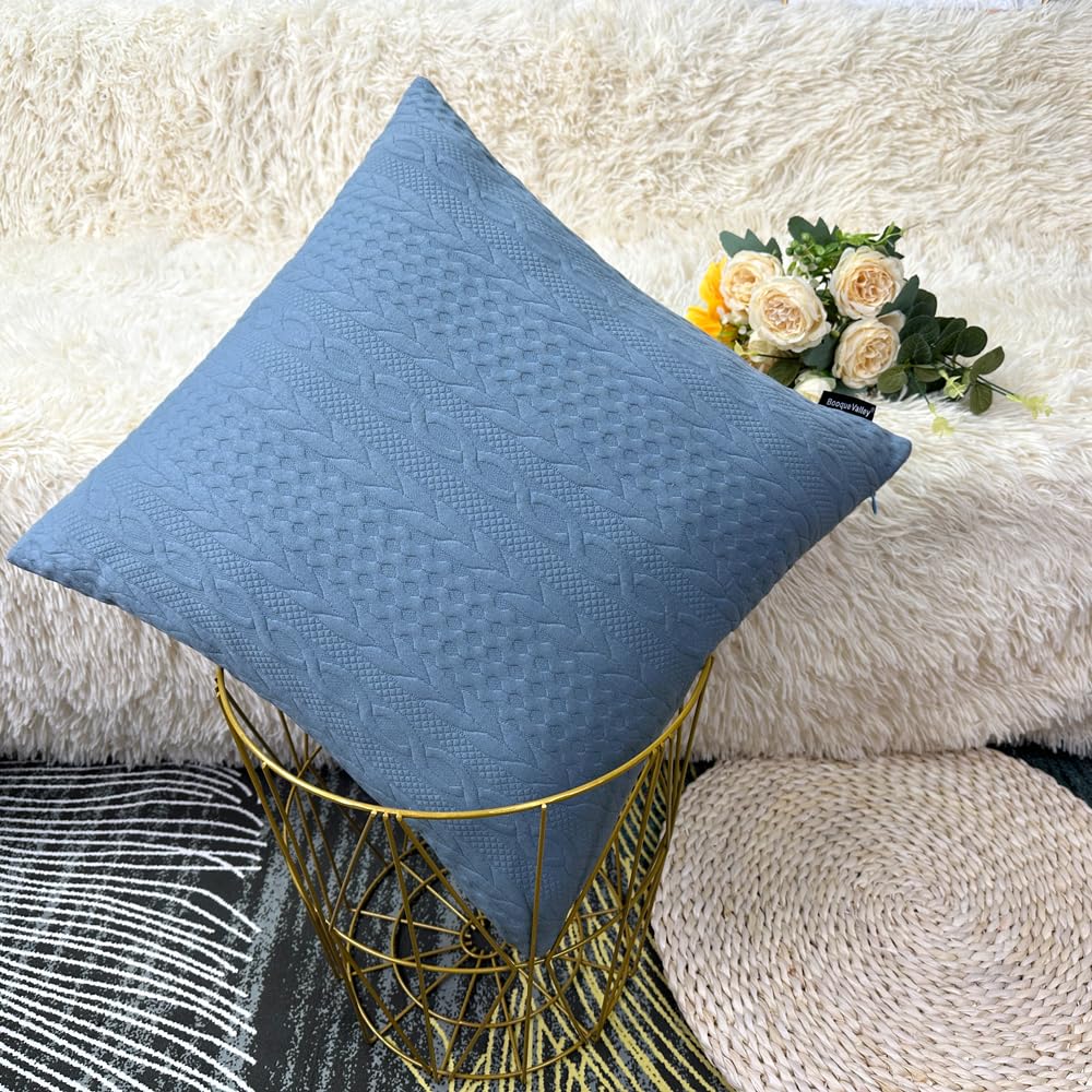 Booque Valley 20x20 Inch Throw Pillow Covers - Pack of 2 Super Soft Stretchy Cushion Covers with Elegant Modern Embossed Pattern in Light Blue & Grey Blue - Perfect for Sofa, Bed, Car & Chair Decor