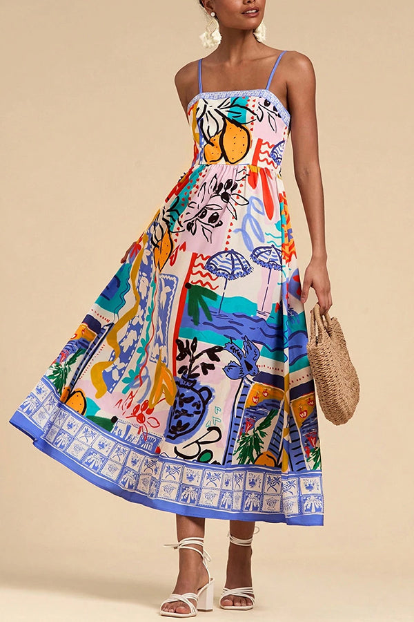Stylish Printed Sling Back Pleated Midi Dress for Women | Summer Vacation & Holiday Party Outfit | Perfect for Beach Getaways, Cocktail Events & Special Occasions