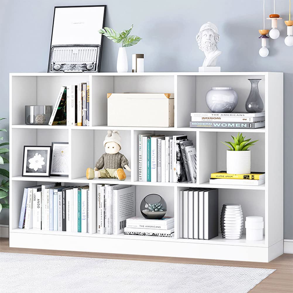 IOTXY 3-Tier Open Shelf Bookcase - Wooden Floor Standing Display Cabinet with 10 Cubes, Storage Organizer for Living Room, Bedroom & Office (Warm White)