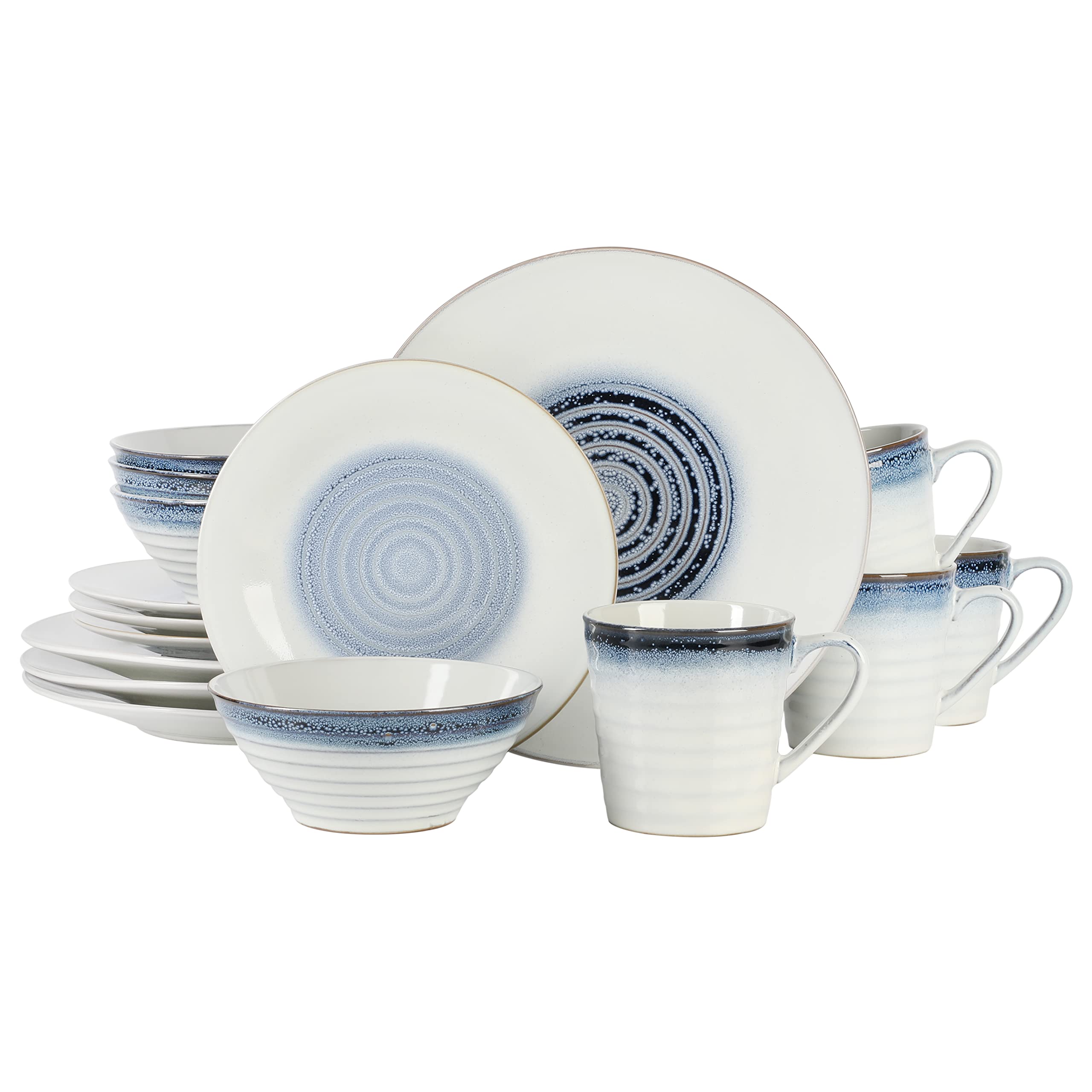 Premium Gibson Elite Spiral Reactive Embossed Dinnerware Set - 16-Piece Blue Porcelain Dinner Plates & Bowls, Service for 4 - Elegant Formal Dining, Holiday Entertaining & Everyday Family Meals