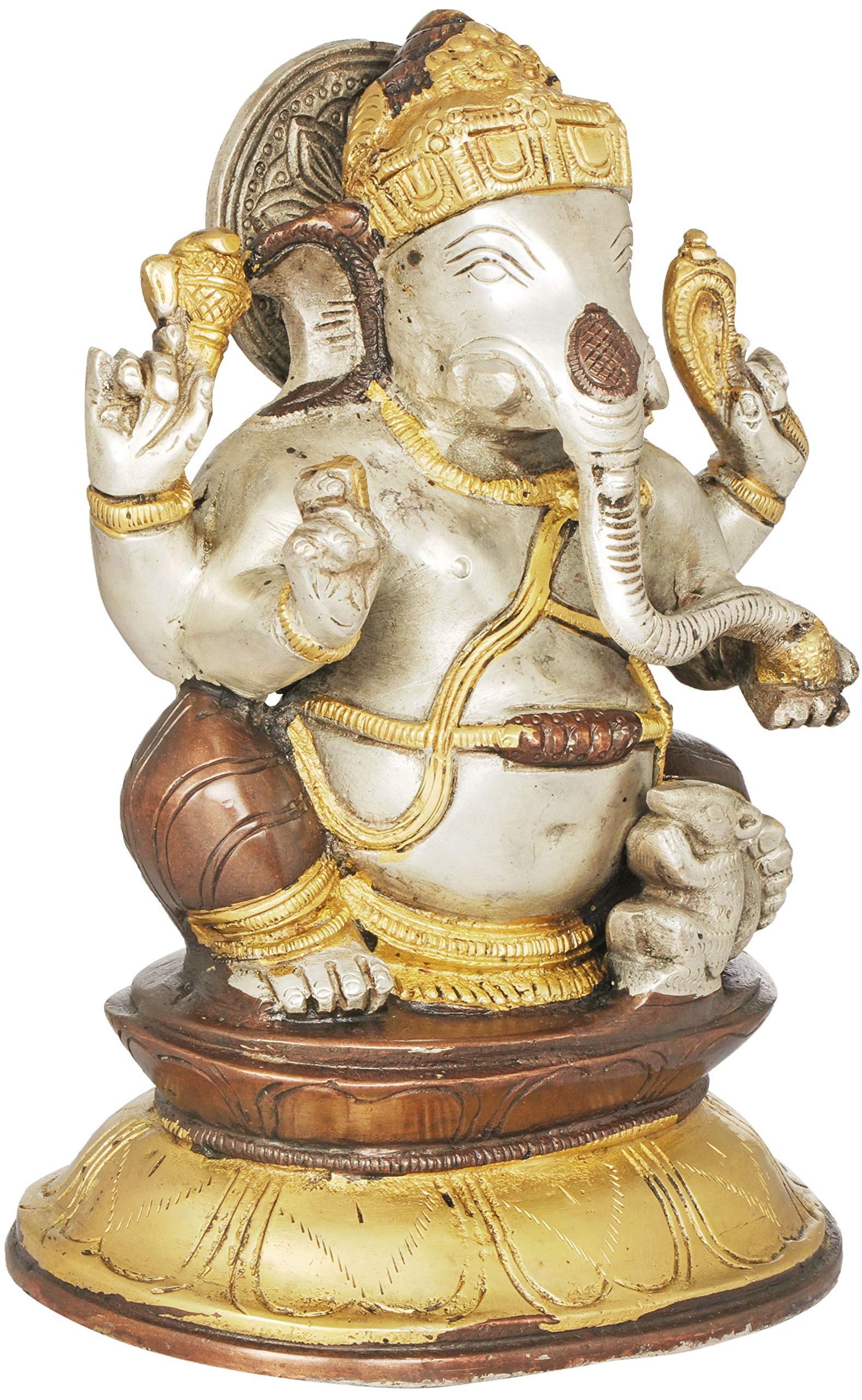 Exotic India Chaturbhuja Ganesha Brass Statue with Mouse - Handcrafted Hindu God Ganesh Idol for Home Altar, Office Decor & Spiritual Gifts