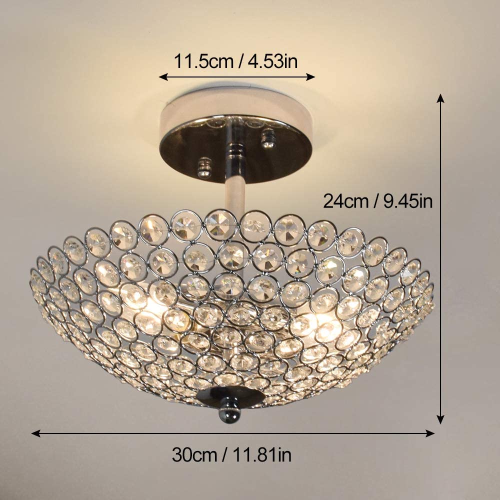 Modern Elegant Crystal Ceiling Light Fixture - 2-Light Bowl Shape Chandelier with K9 Crystal Beads - Luxurious Semi-Flush Mount Lighting for Living Room, Bedroom, Dining Room - Perfect for Home Decor and Ambient Lighting
