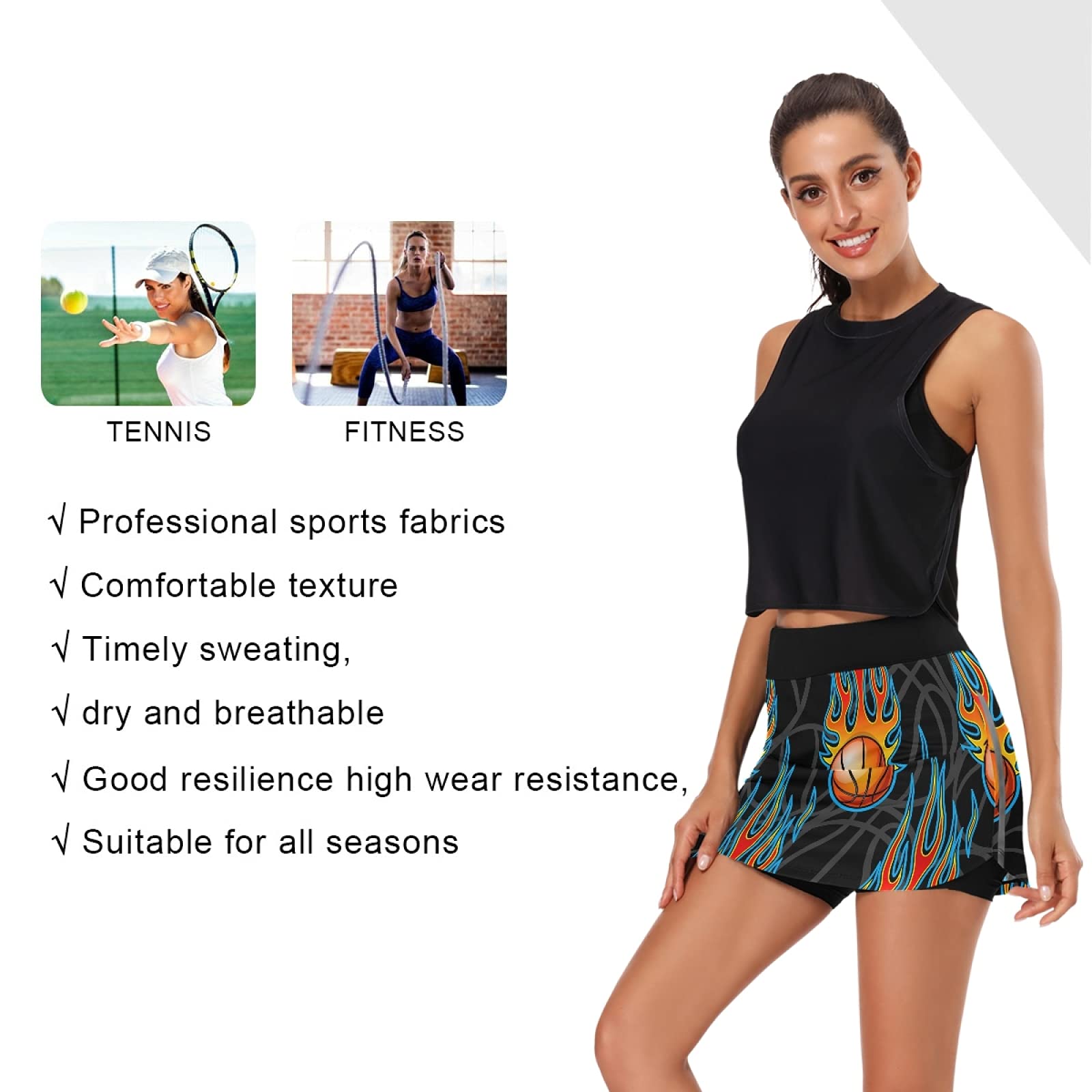 Sinestour Women's Athletic Skorts - Quick Dry Basketball Skirt with Flame Design for Sports, Running, Fitness & Outdoor Activities