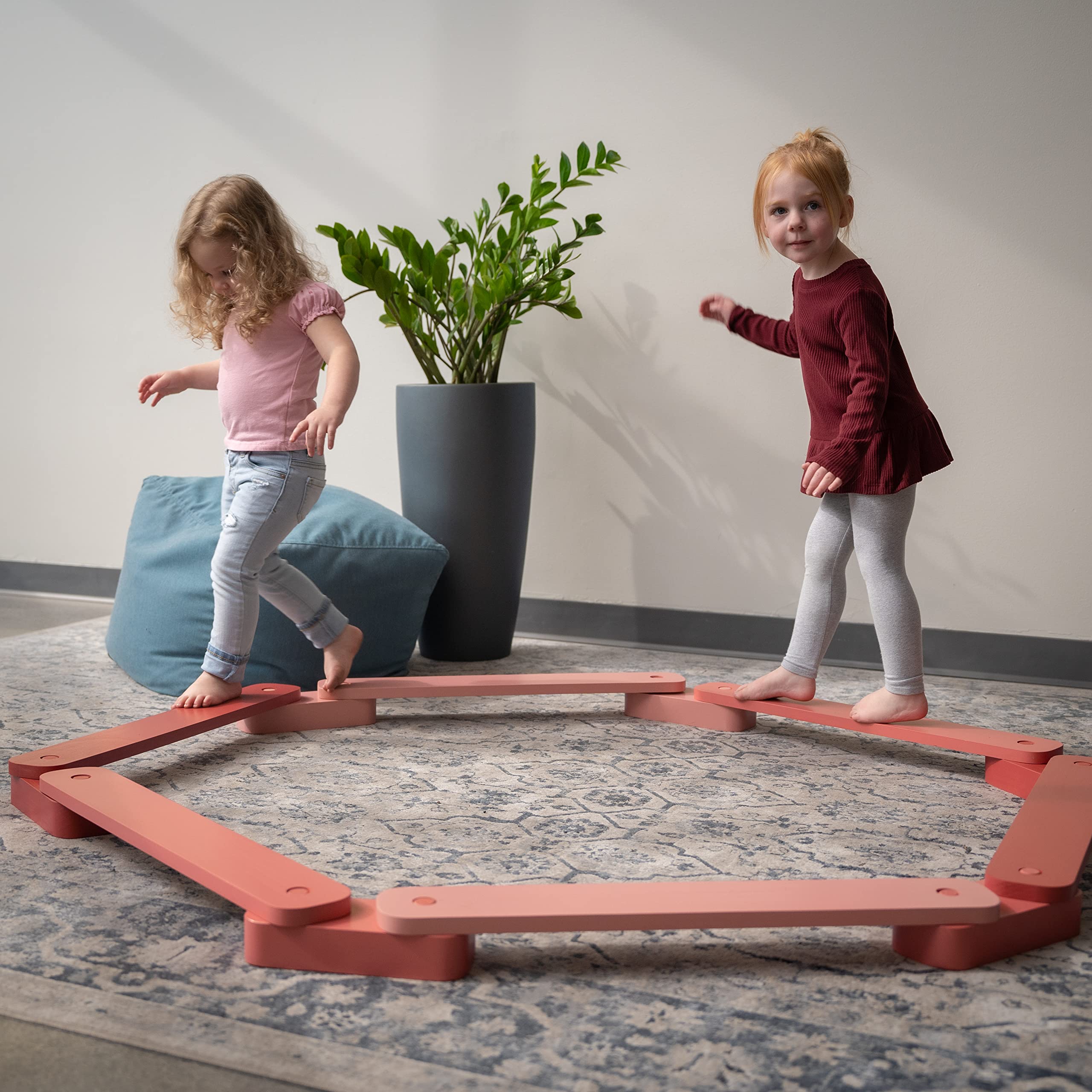 JumpOff Jo Wooden Balance Beam Set for Kids - 12-Piece Montessori Toy to Improve Coordination & Motor Skills - Indoor & Outdoor Play Equipment for Toddlers (Desert Rose Pink) - Perfect for Backyard Play, Preschool Activities & Birthday Gifts