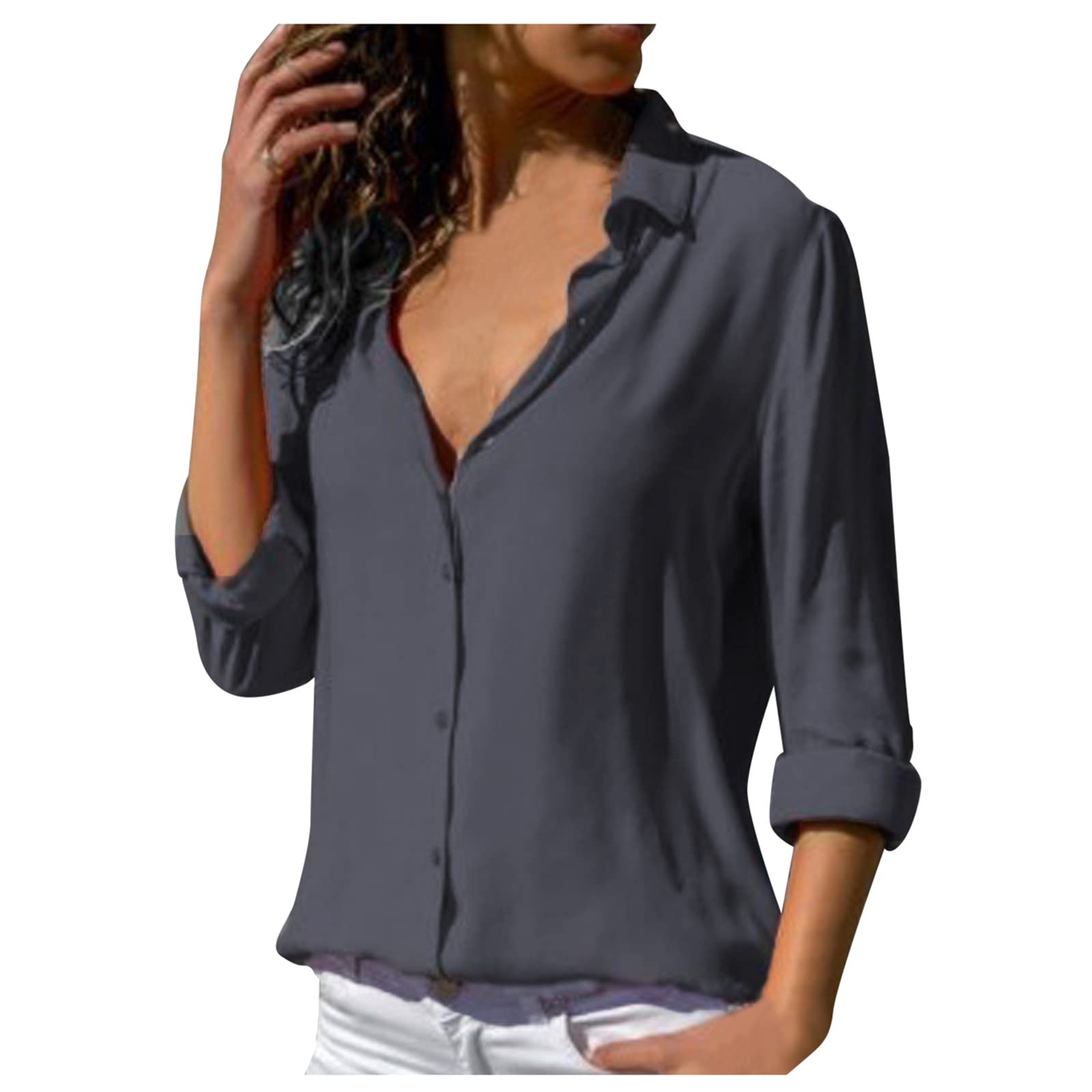 Women's Long Sleeve Solid Color Button-Down Collar Blouse - Winter Warm Tops for Work, Office & Casual Outfits | Changeshopping
