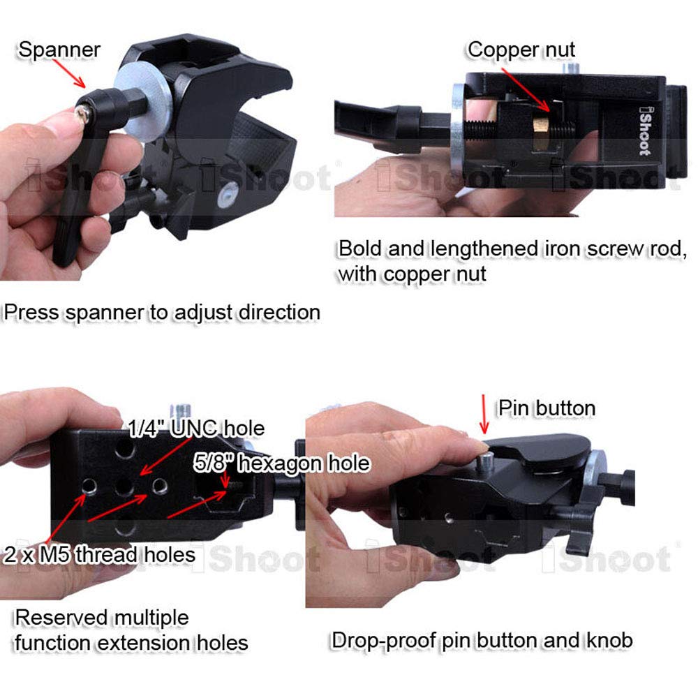 iShoot Super Strong Universal Metal Camera Clamp Holder - Compatible with 5cm Round Tubes, 3cm Square Tubes, Tripods, Light Stands & Boom Arms - Perfect for Photography, Videography, Desk, Bookshelf & Wooden Board Mounting