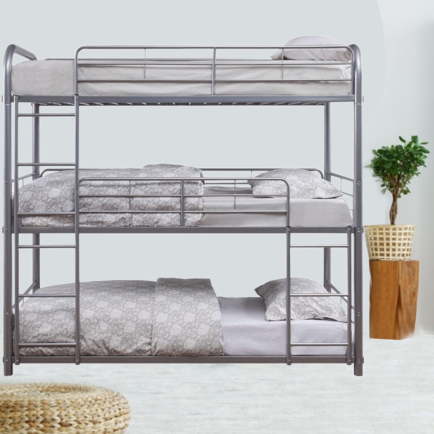 Sturdy Metal Triple Bunk Bed - Twin Over Full with Attached Loft Bed Frame | Safe Design with Ladders & Guardrails for Kids, Teens & Adults | Space-Saving Solution for Dorms, Guest Rooms & Small Apartments (Silver)