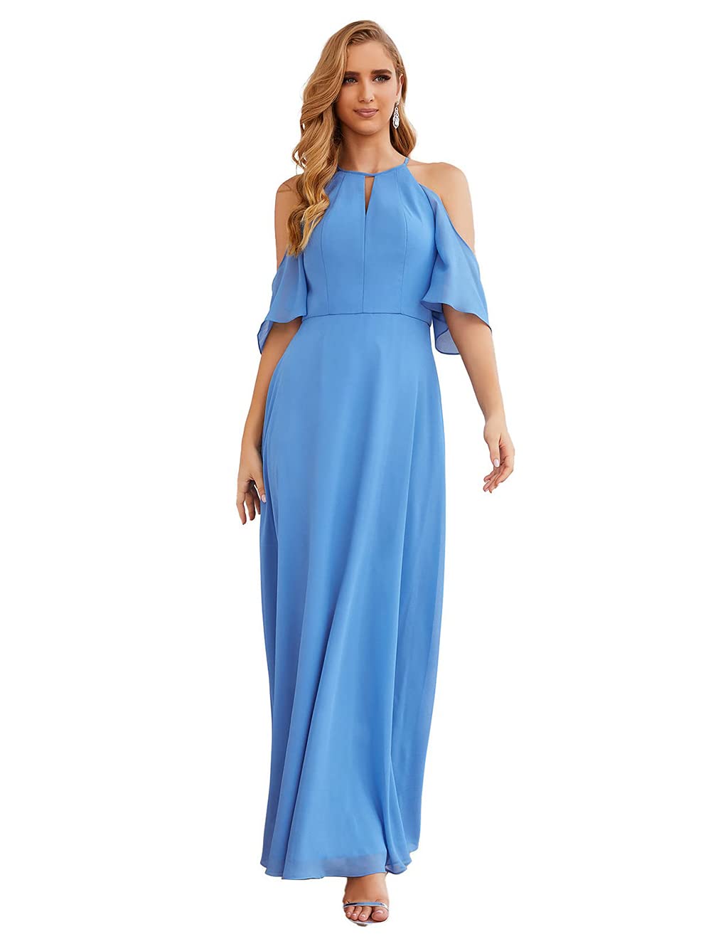 Elegant Women's A-Line Cold Shoulder Halter Formal Evening Gown for Prom, Wedding, and Special Occasions - Long Ankle-Length Party Dress for Night Out