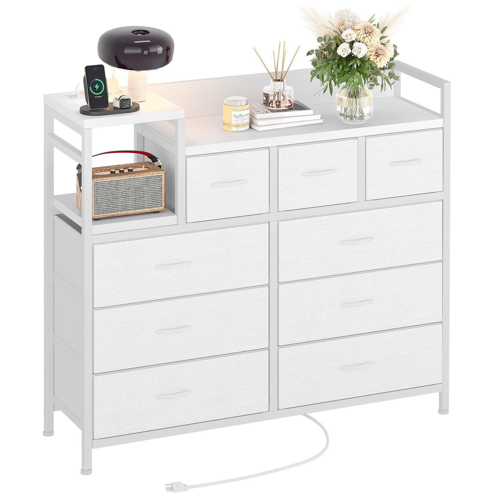 Jojoka White TV Stand with 9 Drawers & Built-in Charging Station - Modern Entertainment Center for Living Room, Bedroom & Home Office - Perfect for Organizing Electronics, Media & Storage Needs
