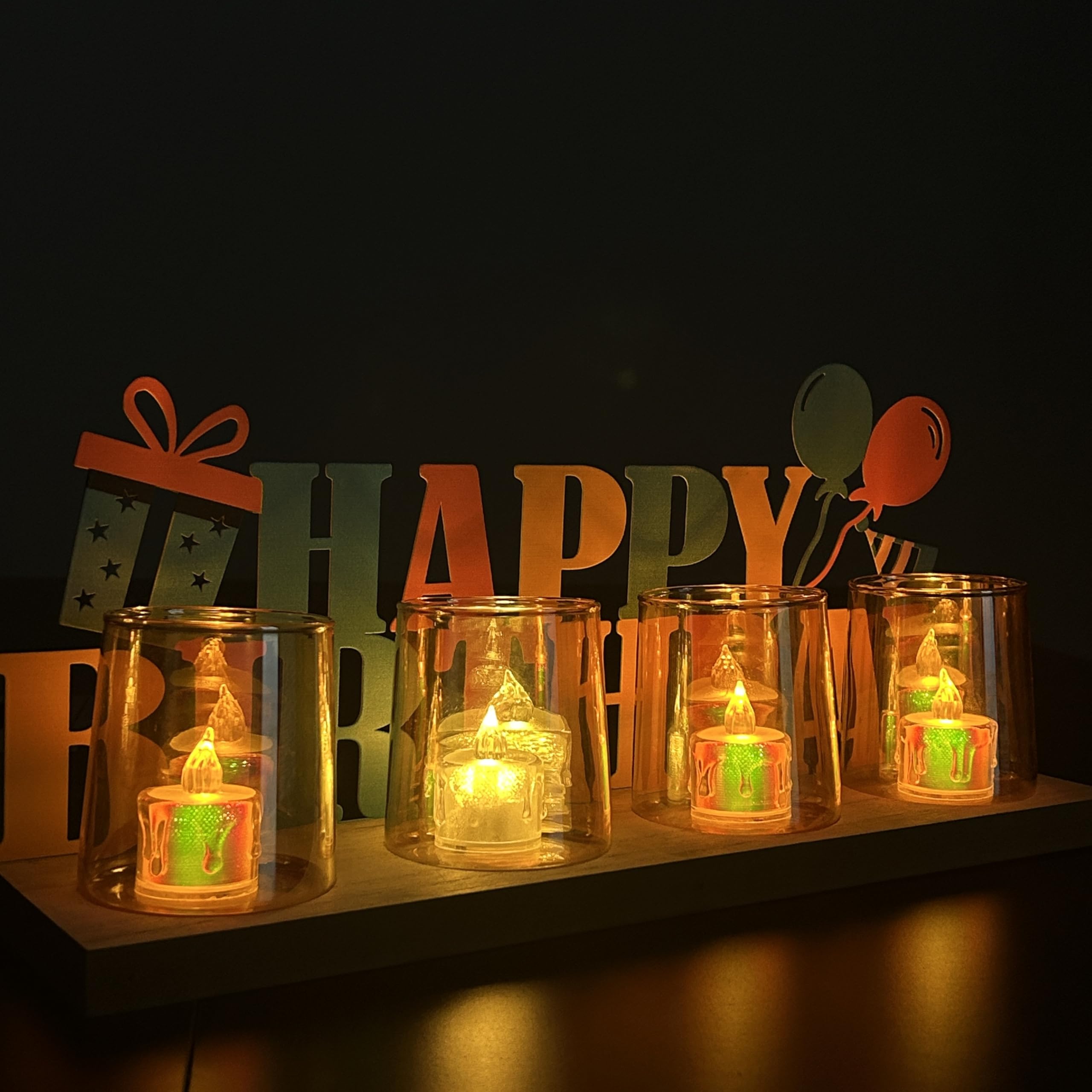 Happy Birthday Candle Holder Set - Tealight Votive Candle Holders with Metal Sign & Wooden Base Tray - Elegant Table Decor for Birthday Parties, Home Decor, Indoor Shelves - Perfect for Celebrations, Dinner Parties & Gift Giving