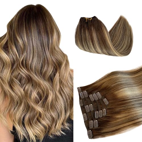 Clip in 120g#4T27/4 Balayage Brown to Medium Brown and Caramel Blonde