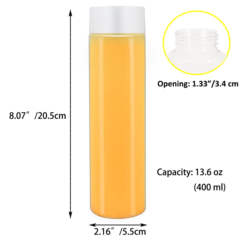 12 Pack 13.6 OZ (400 ml) Clear PET Plastic Juice Bottles with White Caps - Reusable Bulk Beverage Containers for Juice, Milk, Smoothies - Perfect for Home, Restaurant, and Commercial Use