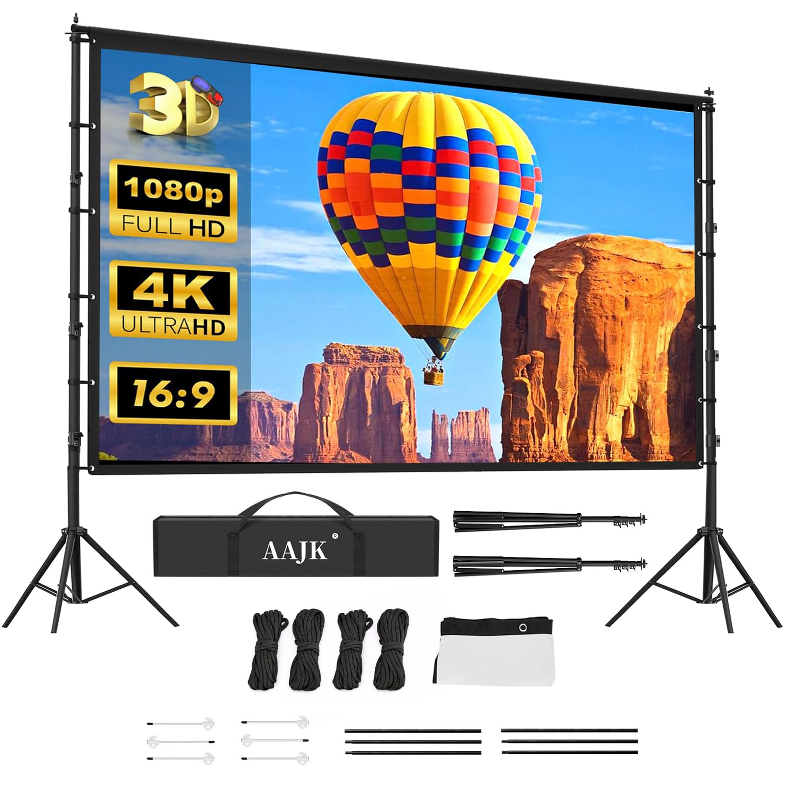 AAJK 150-inch Portable Projector Screen with Stand - 16:9 Wrinkle-Free 4K HD Indoor/Outdoor Projection Screen for Home Theater, Backyard Movies & Parties - Includes Carry Bag for Easy Transport & Storage
