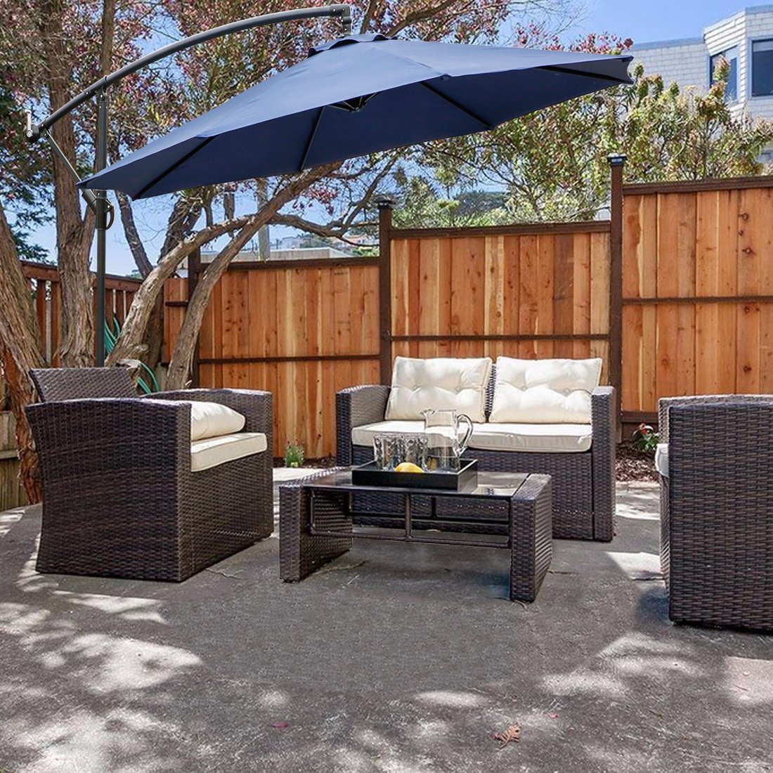 10 Ft Navy Blue Outdoor Cantilever Patio Umbrella with Crank & Cross Base - 8 Ribs, Offset Hanging Market Umbrella for Poolside, Deck, Garden, and Backyard Relaxation