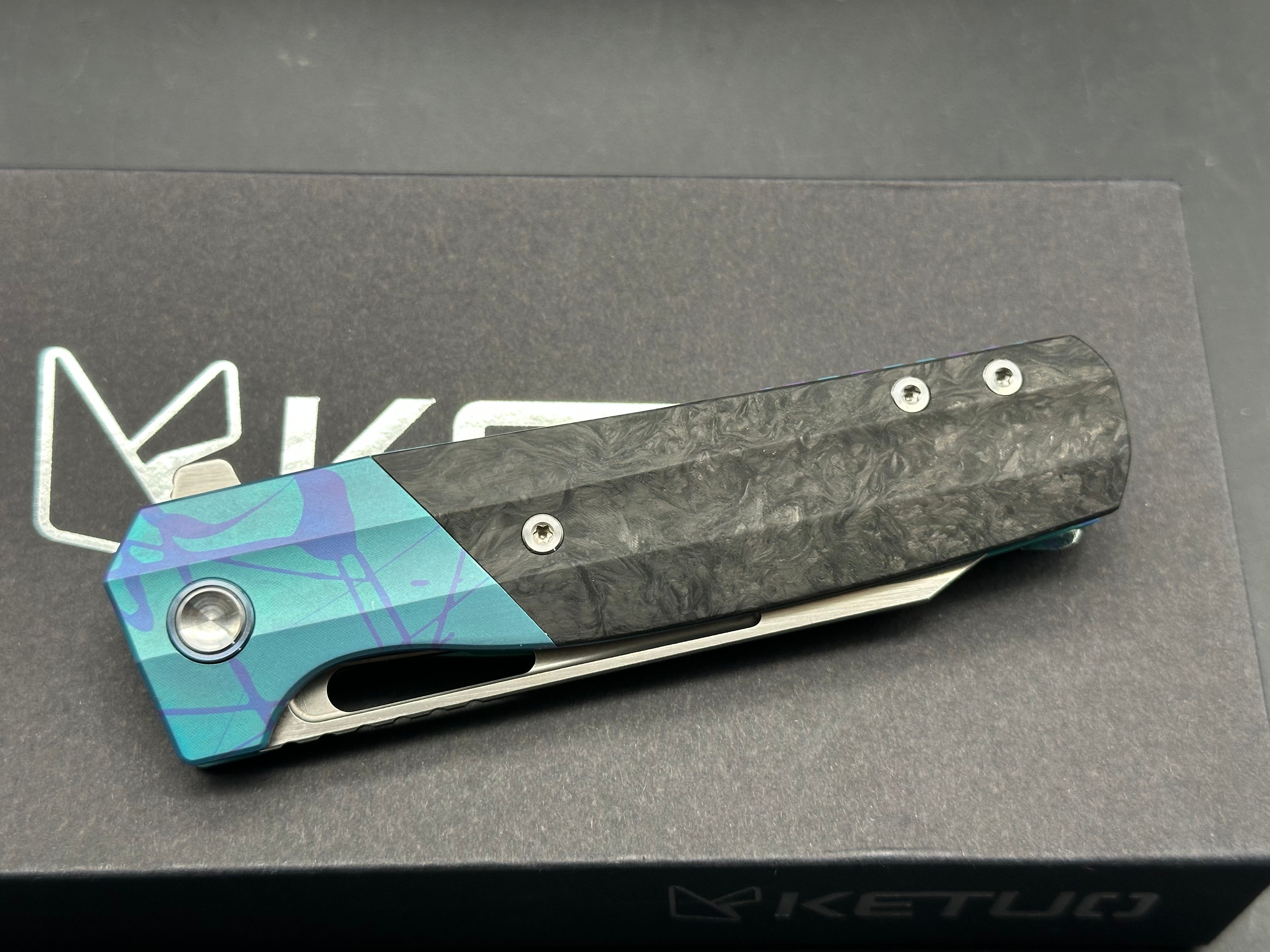 Ketuo Knives Kamasu LE (20pcs) - Shred Carbon Fiber Inlay with Custom 80s Paint Print Titanium Frame - Premium Collectible Pocket Knives for Outdoor Camping, EDC & Survival Gear