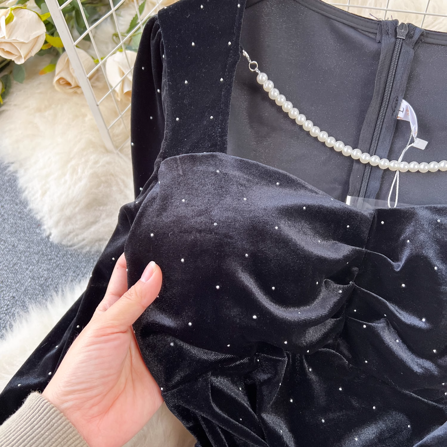Black Velvet Dot French Dress for Women | Vintage 1878 Style | Perfect for Autumn & Winter Fashion, Parties & Holiday Events