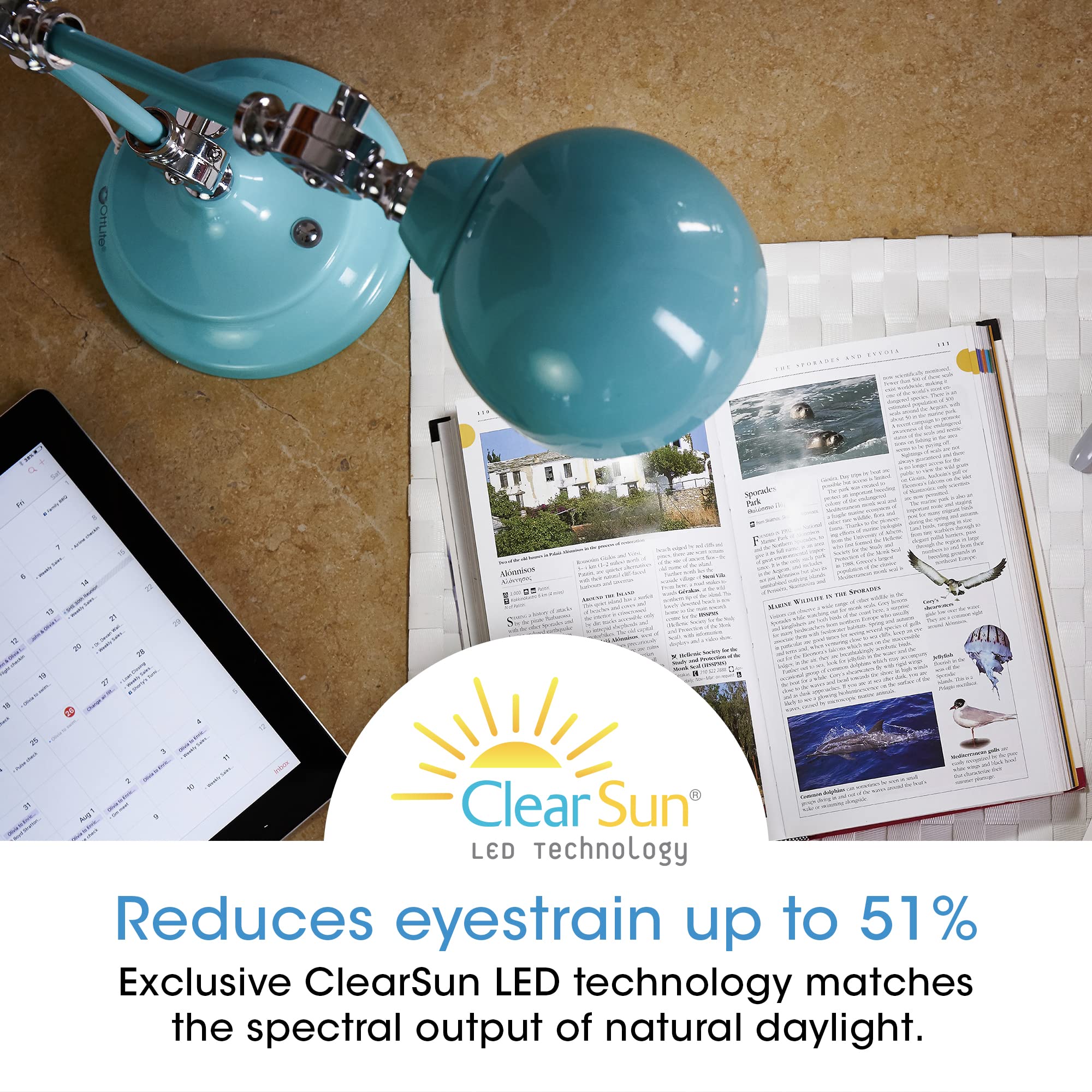 OttLite Revive LED Desk Lamp with ClearSun LED Technology - 3 Brightness Levels, Touch Controls, USB Charging Port & Adjustable Arms | Perfect for Reading, Studying, Home Office & Crafting (Turquoise)