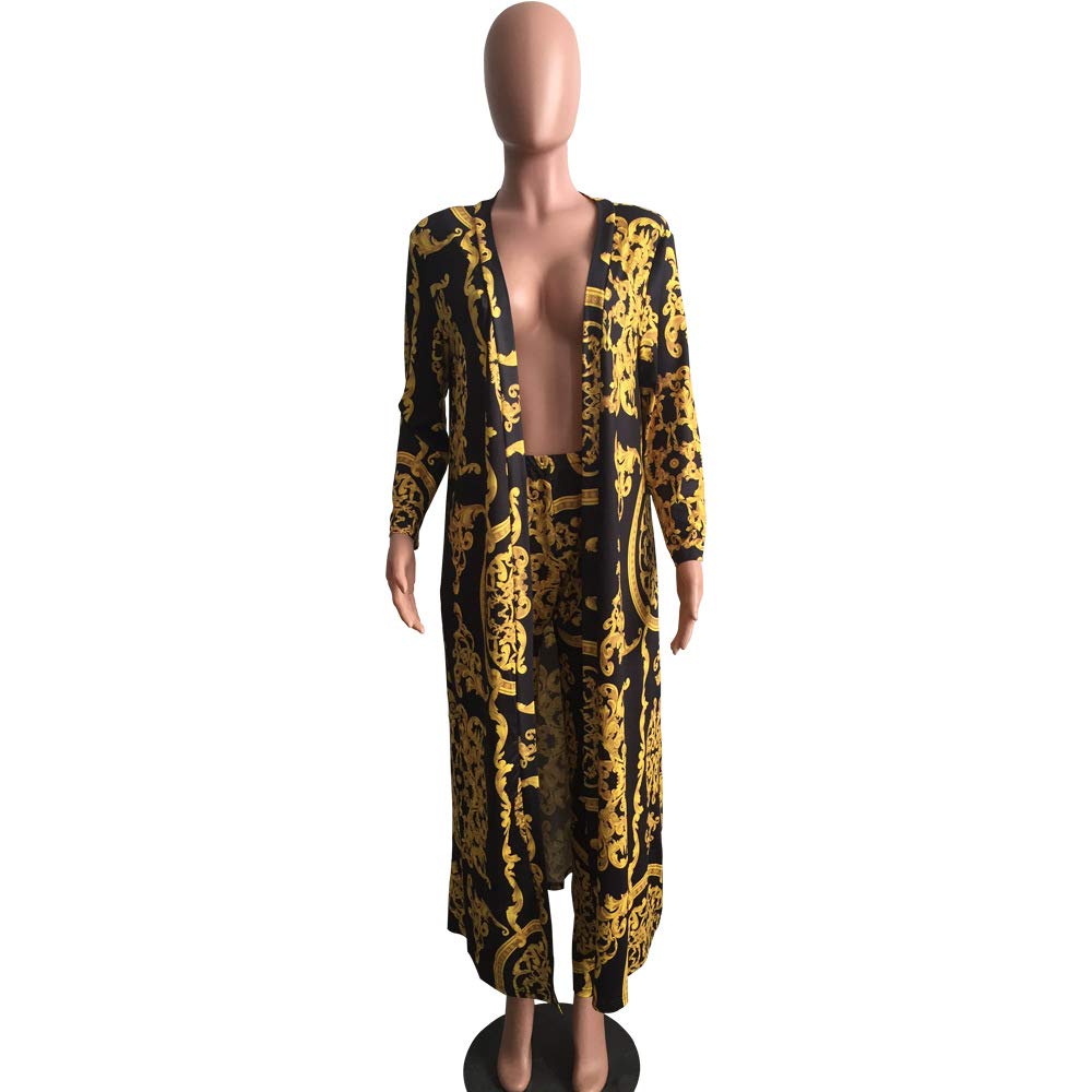 Women's Stylish Printed Long Cardigan 2-Piece Outfit Set with Long Sleeve Coat & Trousers | Elegant Fall/Winter Fashion for Work, Office & Casual Outings