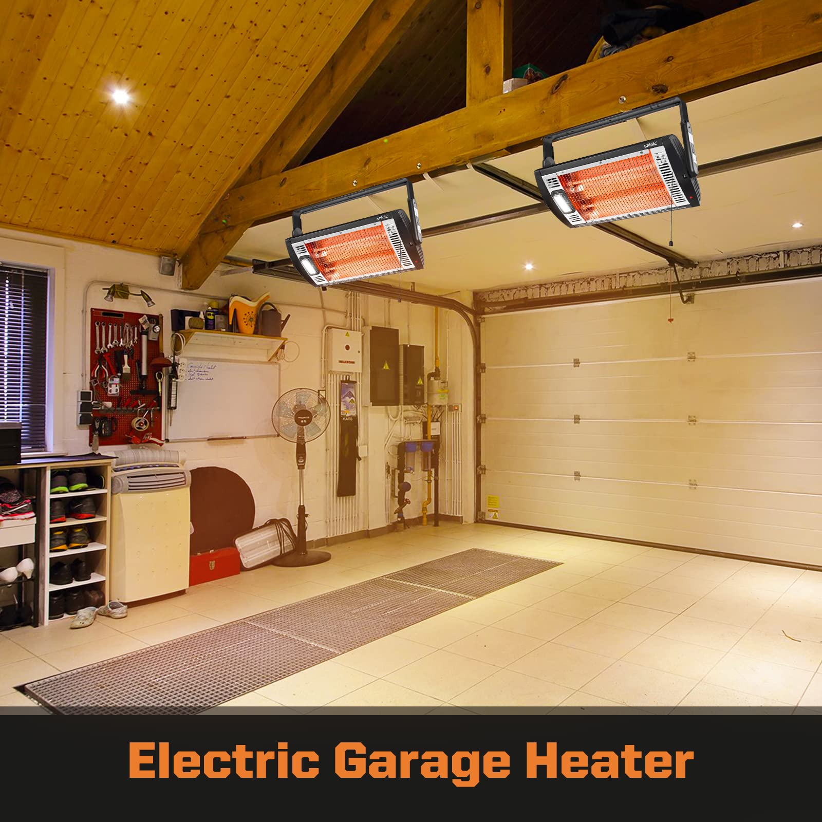 Shinic 2 Pack 1500W/750W Electric Garage Heater with Halogen Light - Ceiling Mounted Radiant Space Heater, 90° Rotation & 5 Heat Modes for Large Rooms, Workshops, Patios & Outdoor Areas - Perfect for Winter Heating in Garages, Basements & Commercial Spaces