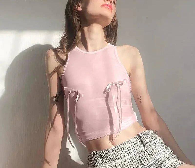 3D Bow Knot Baby Pink Mesh Sheer Sexy Crop Top for Women - Y2K Coquette Soft Girl Summer Tank Top - Trendy 2023 Fashion (P85 AC10) | Perfect for Beach Outings, Music Festivals & Streetwear Looks