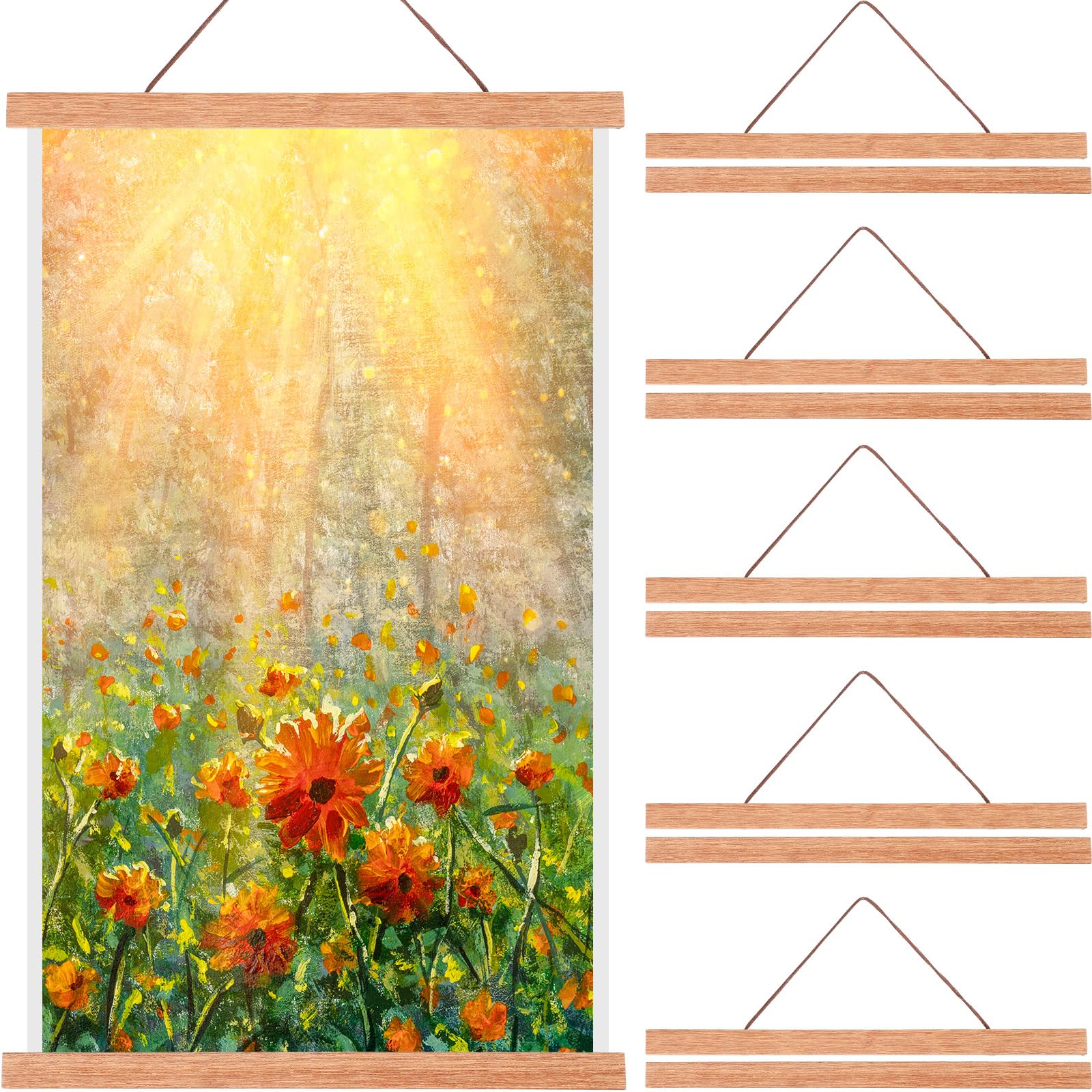 Kanayu 6 Pack Magnetic Poster Frame Hanger - Light Wooden Frames for Teak Wood Poster Hanging Kit - Wall Display for Maps, Prints, Photos, Pictures & Canvas Artwork (12 Inch, Wood) - Perfect for Home Decor, Office & Gallery Displays