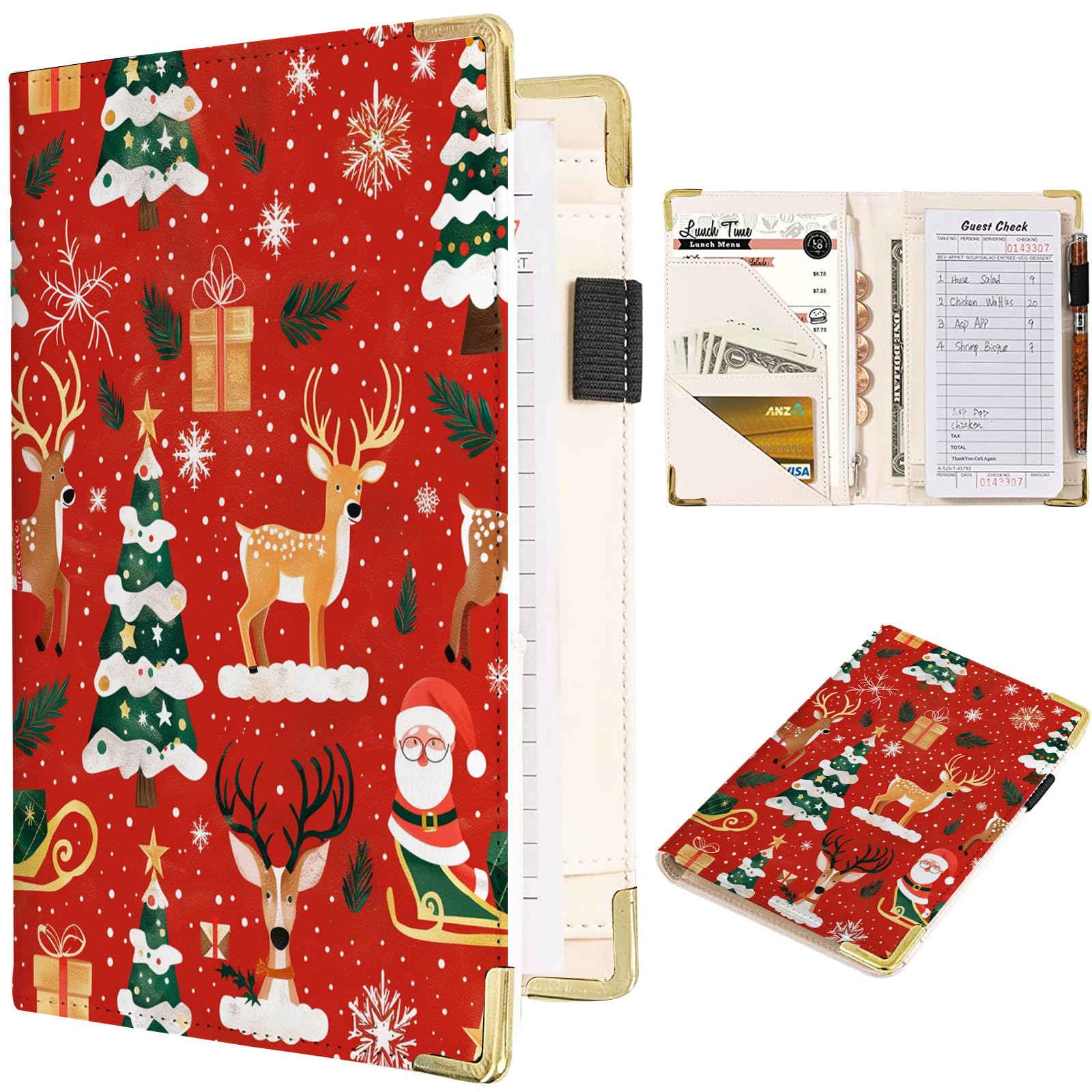 Tucocoo Red Leather Server Book with Zipper Pocket - Christmas Themed Waitress Notepad for Restaurant Staff, Perfect for Order Taking, Tip Tracking & Serving Accessories (Fits Server Aprons) - Ideal for Waiters, Waitresses & Hospitality Professionals