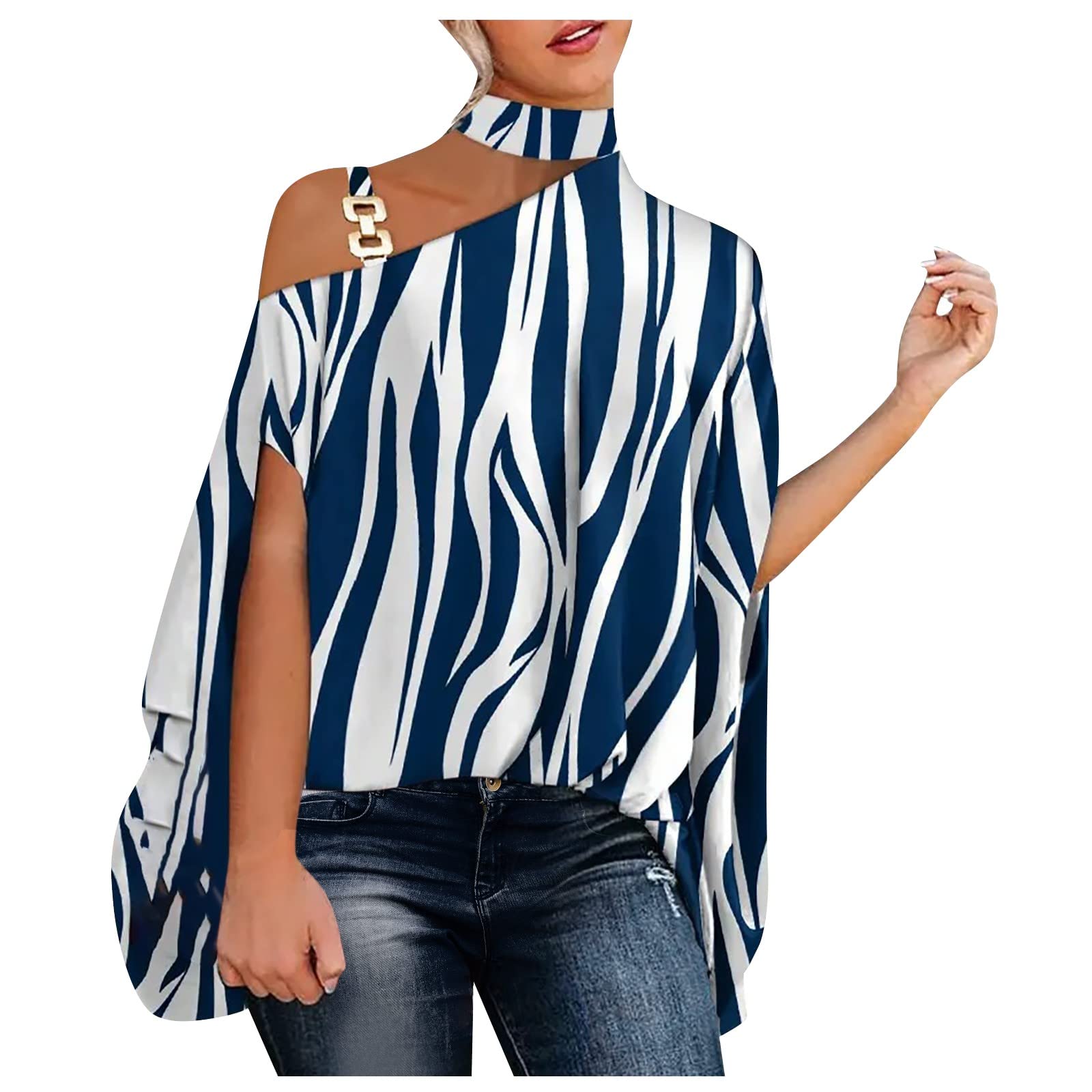 Women's Summer Tops - Slim Fit Chain Detail Batwing Sleeve Floral Casual T-Shirt | One Shoulder Tunic Blouse for Beach, Party & Everyday Wear