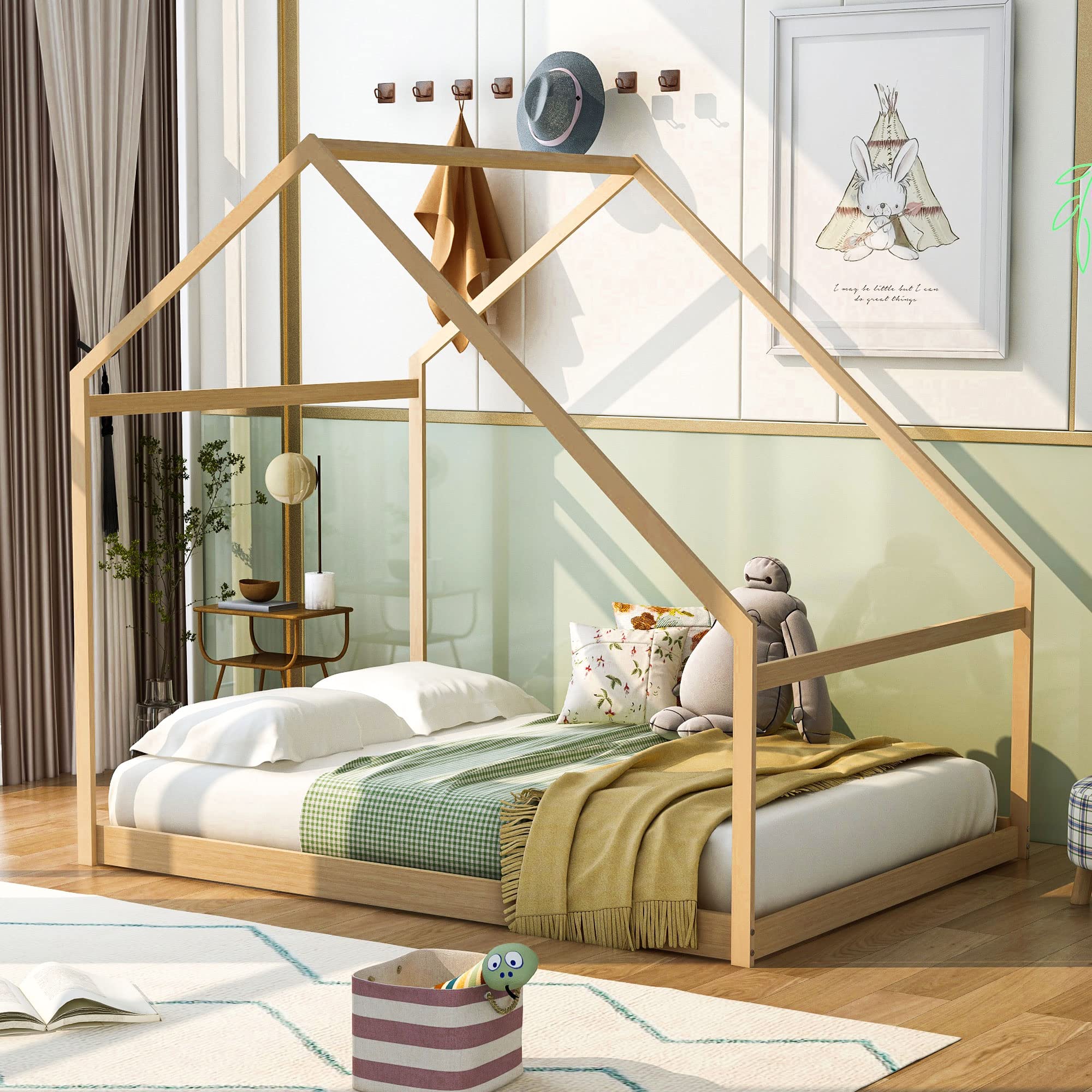 Merax Full Size Wooden House Bed with Roof - Natural Wood Kids Bed Frame for Boys & Girls - Perfect for Bedroom Decor, Playroom, and Imaginative Play