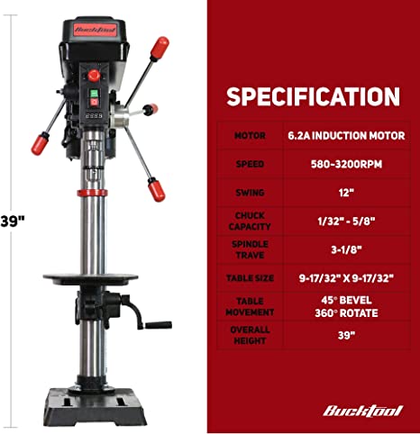 BUCKTOOL 12 Inch 6.2 Amp Professional Bench Drill Press with IIIA Laser & LED Work Light - Perfect for Woodworking, Metal Drilling & DIY Home Projects