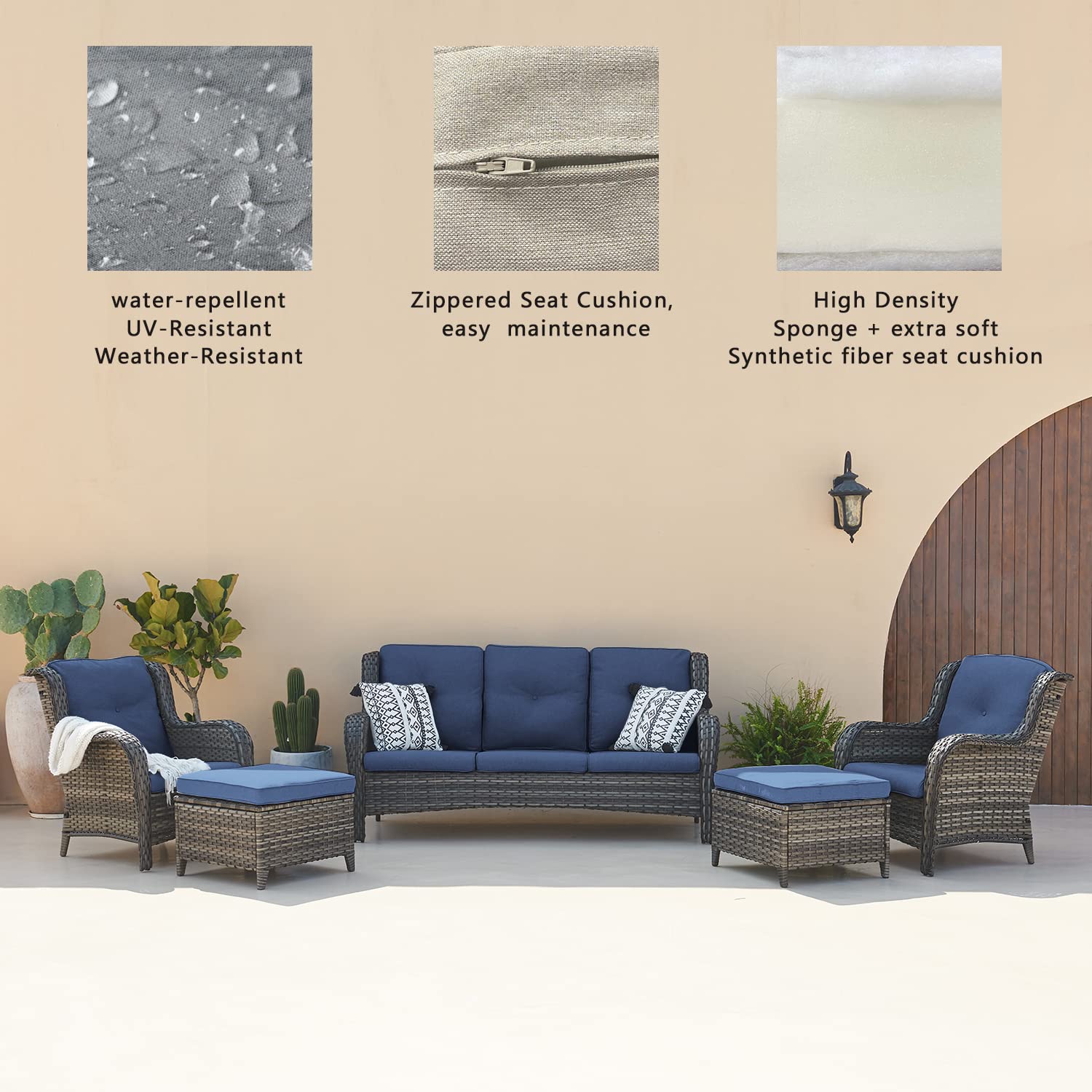 6-Piece Outdoor Patio Wicker Furniture Set - Rattan Sectional Sofa with 3-Seat Couch, 2 Armchairs, 2 Ottoman Footrests & Glass Top Coffee Table - Grey/Blue - Perfect for Backyard, Garden, Poolside & Outdoor Conversations