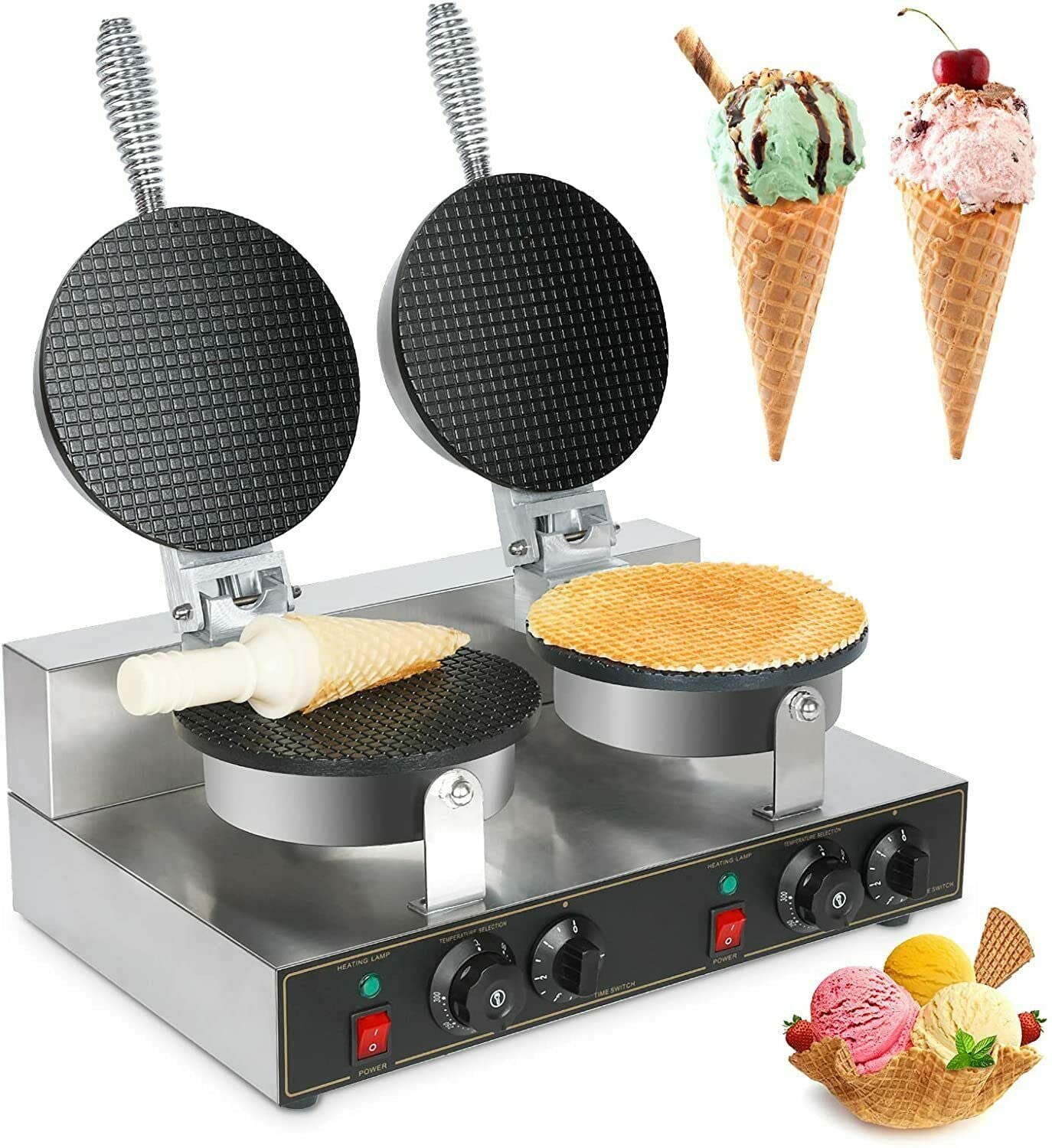 Kolzayier 110V Double-Head Waffle Cone Maker - Commercial & Home Electric Ice Cream Cone Machine with Nonstick Stainless Steel Egg Roll Mold, 2400W Pizzelle Baker - Perfect for Ice Cream Shops, Bakeries, and Home Dessert Making