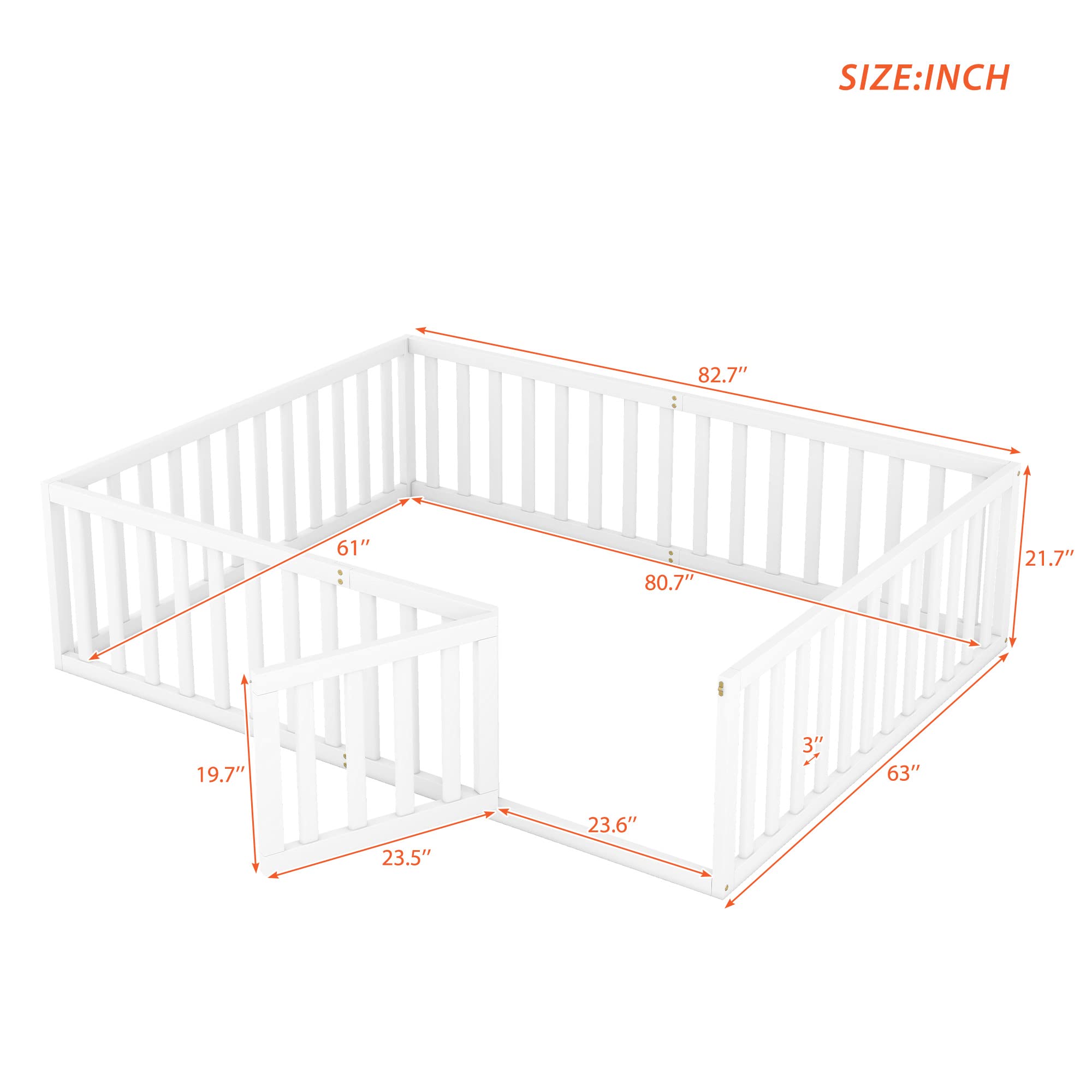 LZ LEISURE ZONE Queen Size Platform Bed with Fence - Solid Wood Floor Bed Frame with Door - Sturdy Queen Daybed Frame in White - Perfect for Guest Rooms, Dorms & Small Space Living
