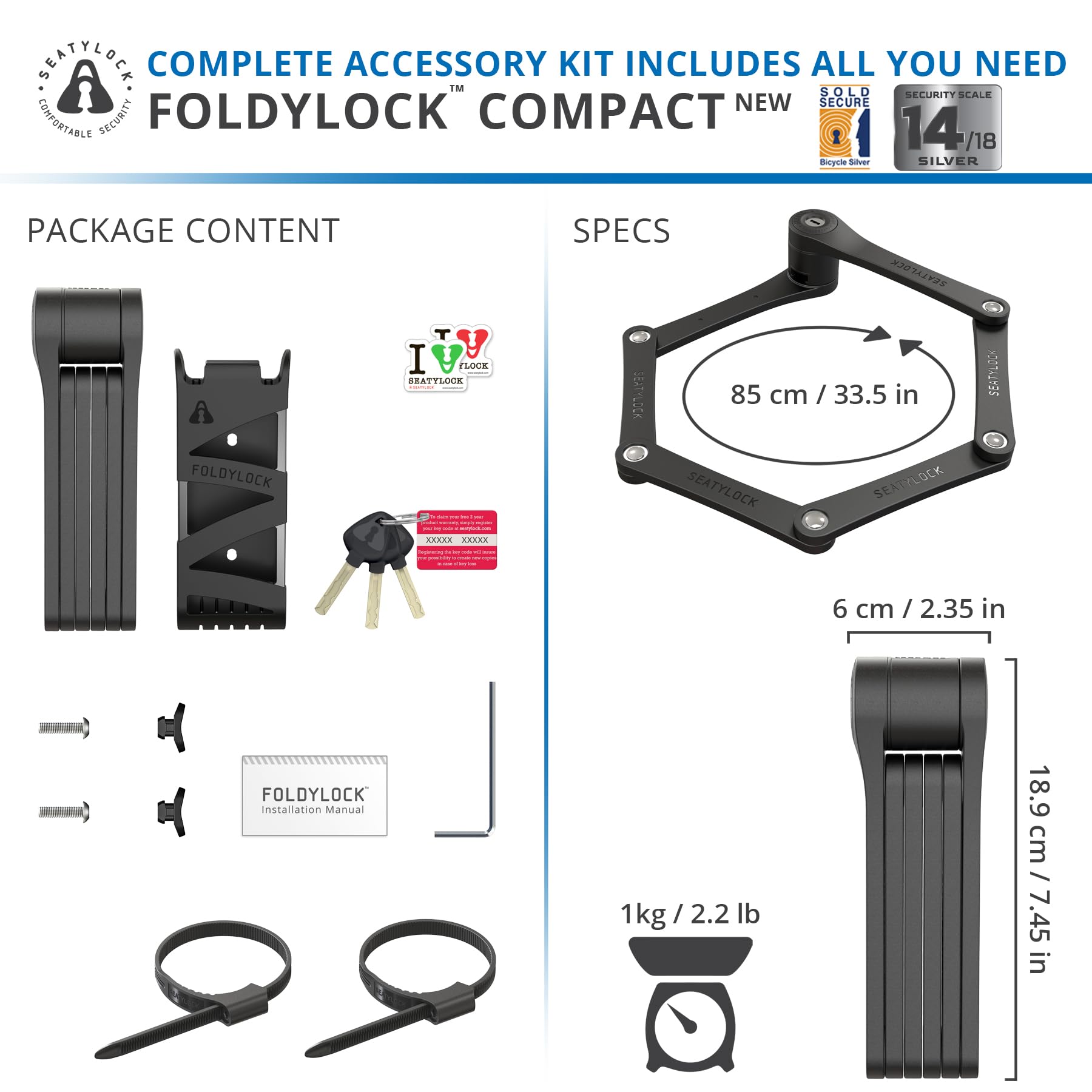 Seatylock FoldyLock Compact Folding Bike Lock - Lightweight High Security Bicycle Lock with Keys & Case - Heavy Duty Anti-Theft Protection for Bikes, Scooters & E-Bikes - Perfect for Commuting, Urban Riding & Travel