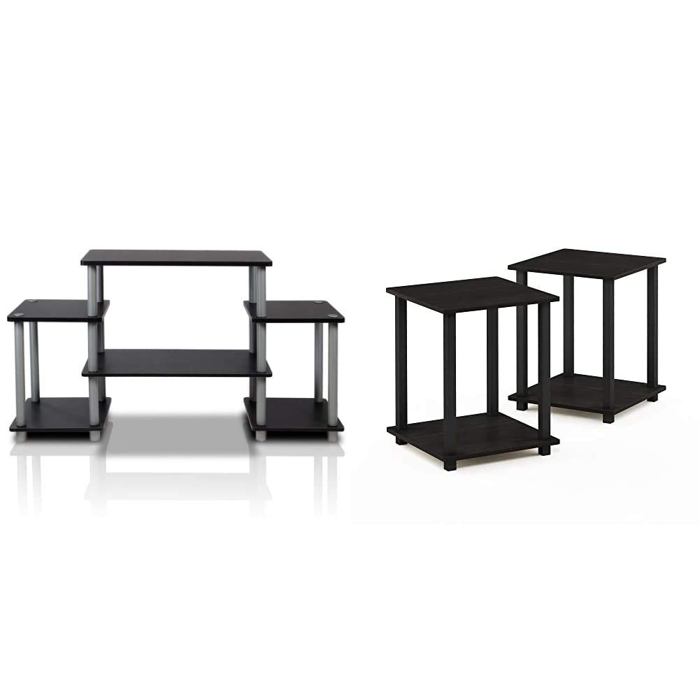 Furinno Turn-N-Tube No Tools Required TV Stand with End Table - Black/Grey & Espresso/Black for Living Room, Bedroom, Home Theater Setup