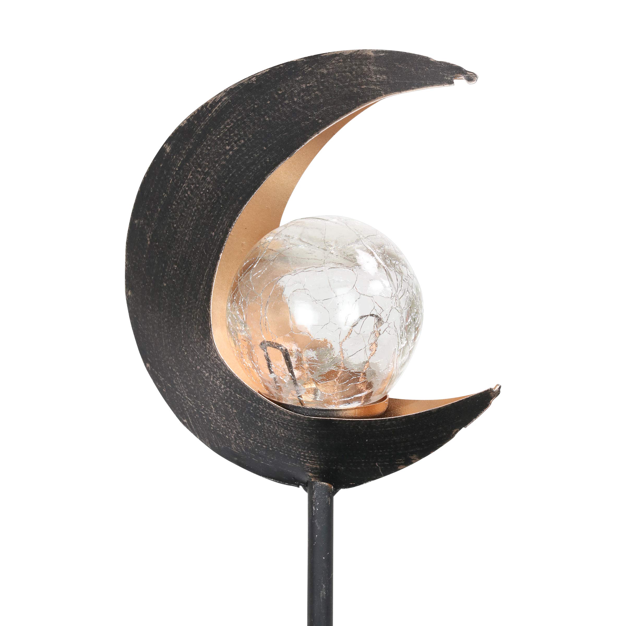 Exhart Solar Garden Lights - Crescent Moon Flickering Flame Stake with LED Glass Crackle Ball, Outdoor Metal Yard Art Decoration (5 x 2.5 x 37.5 Inch) - Perfect for Patio, Lawn, Pathway and Backyard Lighting
