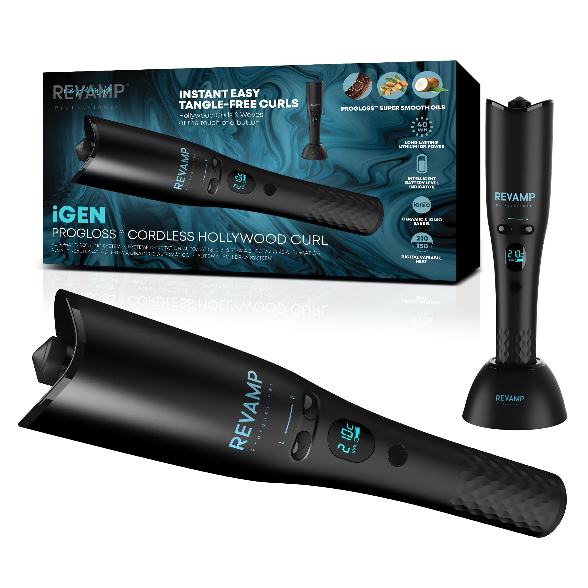 REVAMP iGEN Hollywood Cordless Hair Curler - Automatic Rotating Curling Iron with Ceramic Ionic Barrel for Tight Curls & Beach Waves | Wireless Styler for Salon-Quality Wavy Hair at Home, Travel & Special Occasions