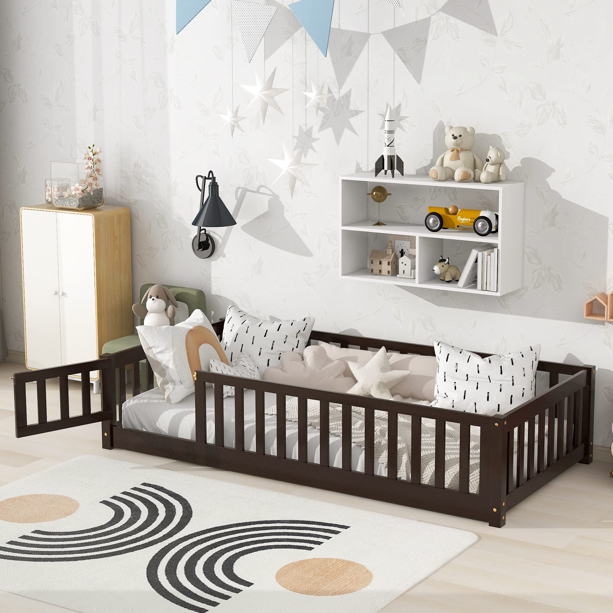 **Dolonm Twin Size Montessori Floor Bed for Toddlers & Kids - Wooden Platform Bed with Safety Fence Guardrails & Door - Espresso Finish - Ideal for Montessori Bedrooms, Daycare, or Safe Sleep Training**