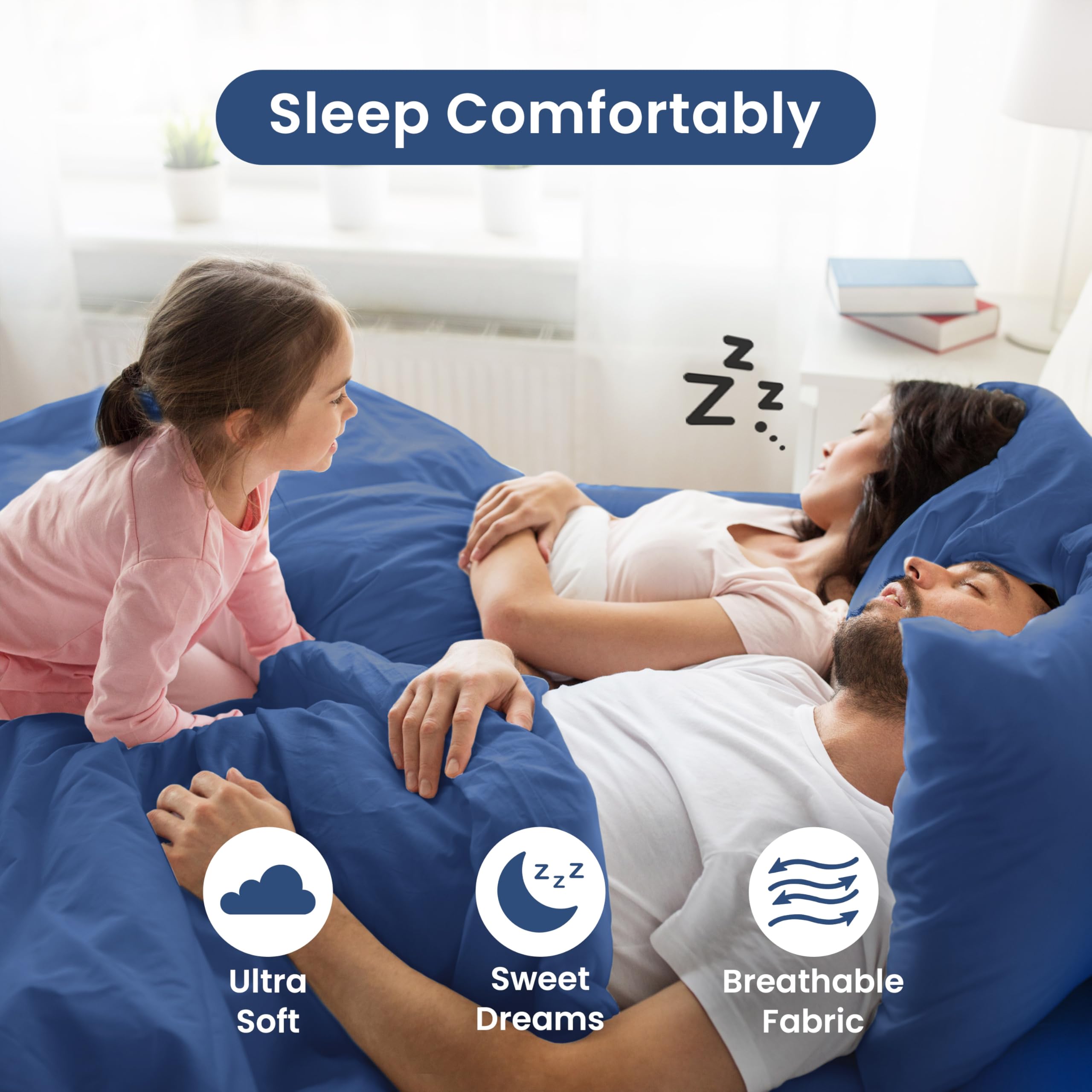 3 Piece Twin Sheets Set - Soft Breathable Brushed Cotton Blend Bedding | Wrinkle Resistant & Durable Twin Size Fitted Sheet, Flat Sheet & Pillowcase | Perfect for Kids Rooms, Guest Beds & Dorm Rooms | Lightweight Easy Care Comfortable Sheets in Blue