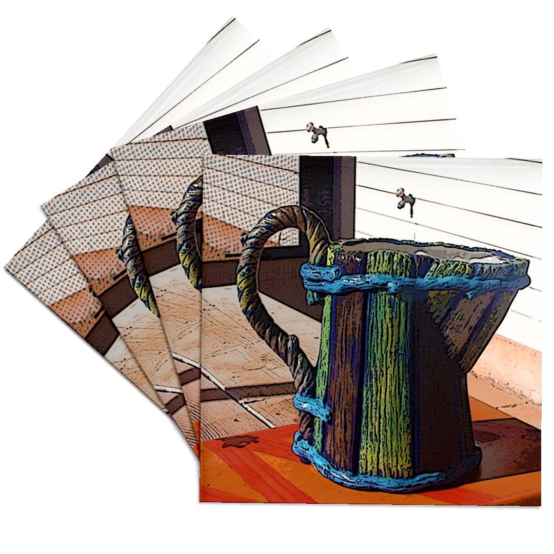 3D Rose CST_48318_3 Hand-Painted Ceramic Coasters Set of 4 - Brown, Blue & Yellow with Rope Handle - Perfect for Home Decor, Kitchen, Dining Table & Gift Giving