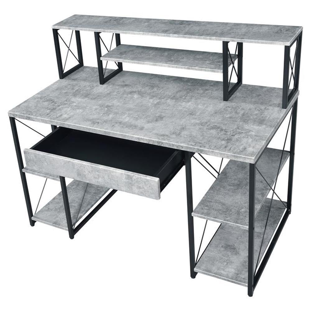 Acme Amiel Wooden 1-Drawer Writing Desk in Faux Concrete & Black - Modern Home Office Desk for Small Spaces, Study & Work from Home
