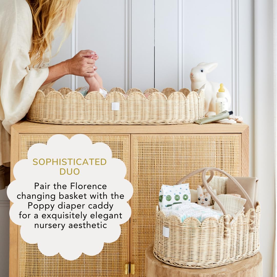 Premium Baby Changing Basket Set - Handwoven Scalloped Rattan Nursery Organizer with Changing Pad & Accessories | Natural Bamboo Diaper Caddy for Nursery, Bedroom & Baby Shower Gift