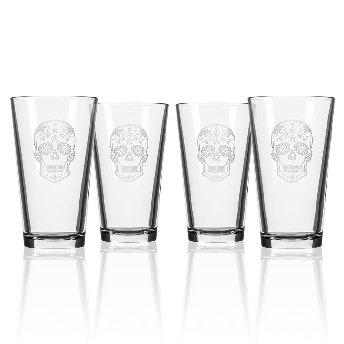 Sugar Skull 16oz Beer Pint Glass Set of 4 - Day of The Dead Themed Barware for Halloween, Cinco de Mayo & Mexican Fiesta Party Decor
