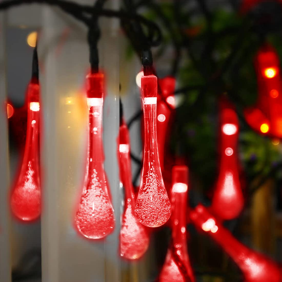 WONFAST 20ft 30LED Solar Outdoor String Lights - Waterproof Crystal Water Drop Fairy Lights for Garden, Patio, Wedding & Christmas Decor (Red) | Perfect for Backyard, Party, Holiday & Outdoor Lighting