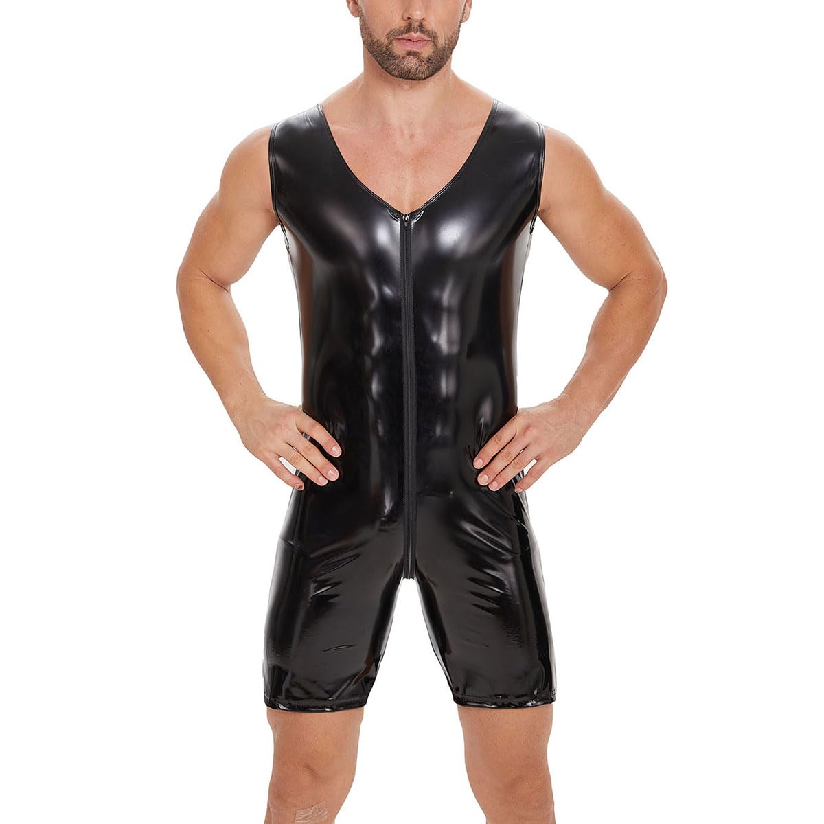 Sexy Men's Leather Bodysuit with Zipper Open Crotch - Wet Look Shiny Latex Leotard Crotchless Black for Fetish Wear & Nightclub Outfits