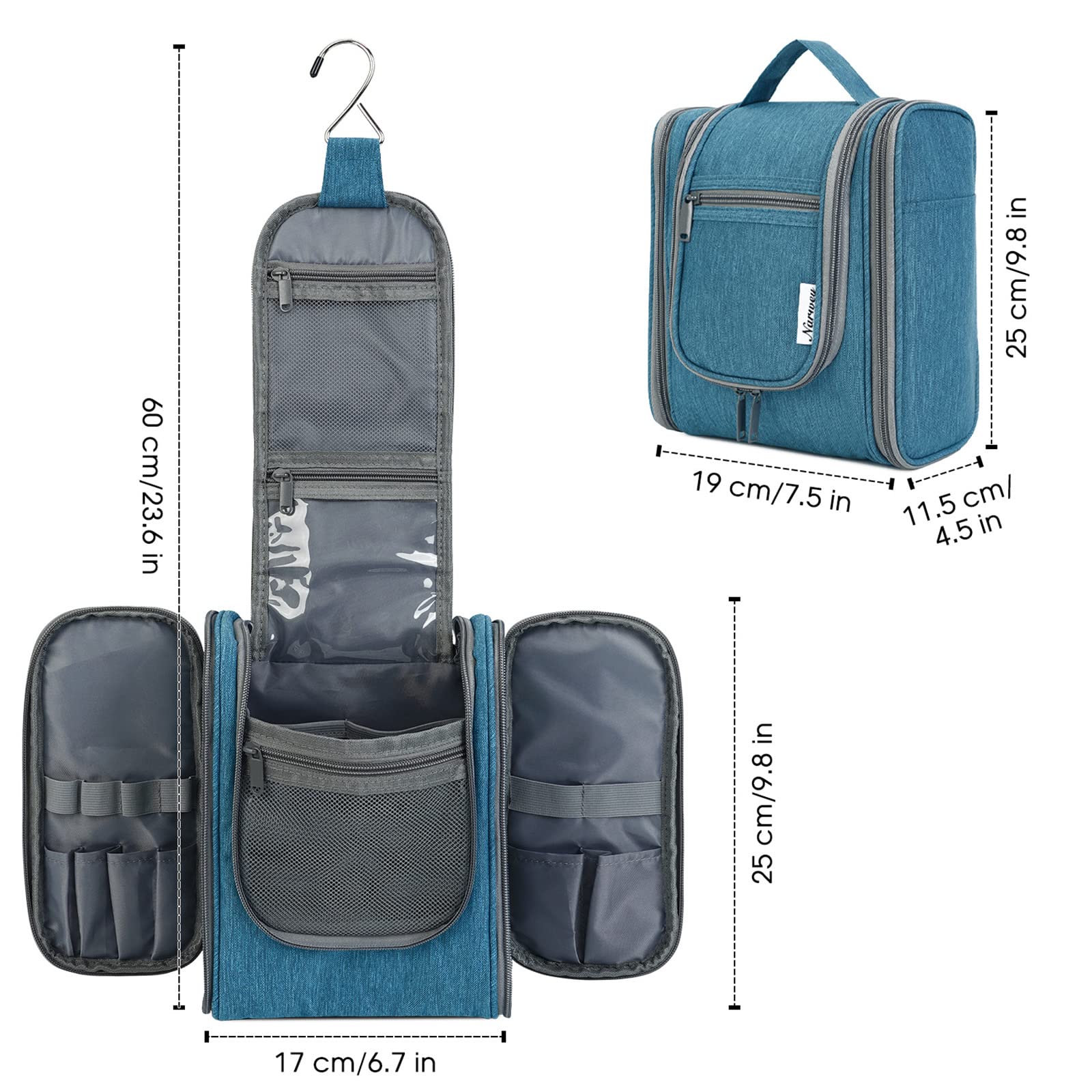 Narwey Hanging Travel Toiletry Bag - Waterproof Cosmetic Organizer for Women & Men - Medium Size Navy Blue Makeup Bag - Perfect for Bathroom, Gym, Camping & Air Travel