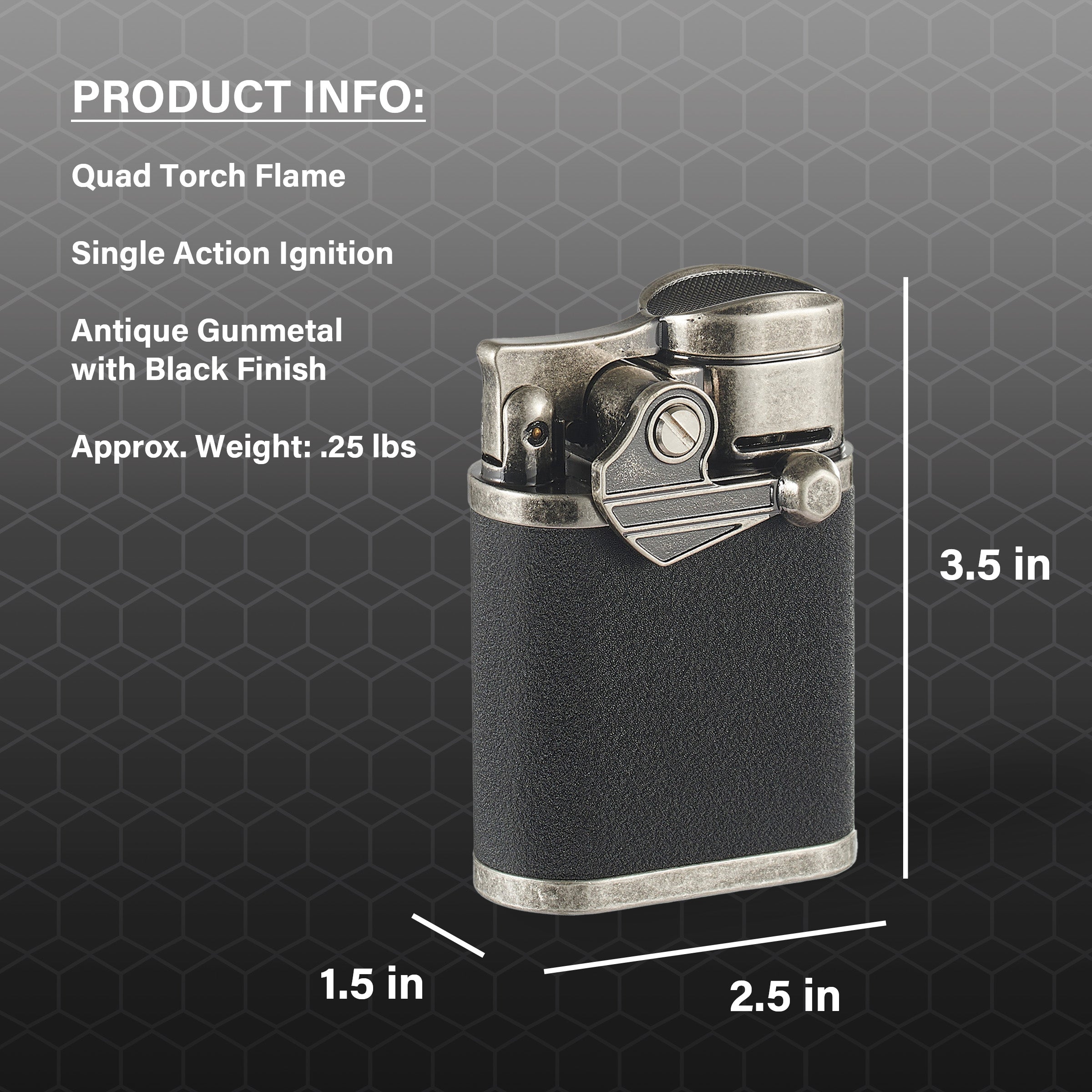 Visol Orient Gunmetal Quad Flame Butane Table Lighter - Windproof Refillable Cigar Lighter for Cigars, Candles, Fireplaces & Outdoor Use