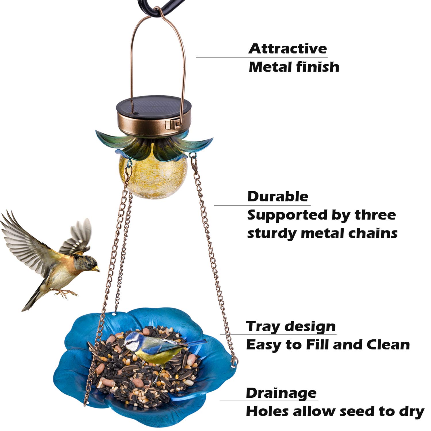 Solar Bird Feeder for Outdoors - Hanging Metal Wild Bird Feeder with Crackle Glass Ball Lights, Waterproof Garden Decor - Perfect Gift for Bird Lovers (Ideal for Backyard, Patio, and Garden Decoration)