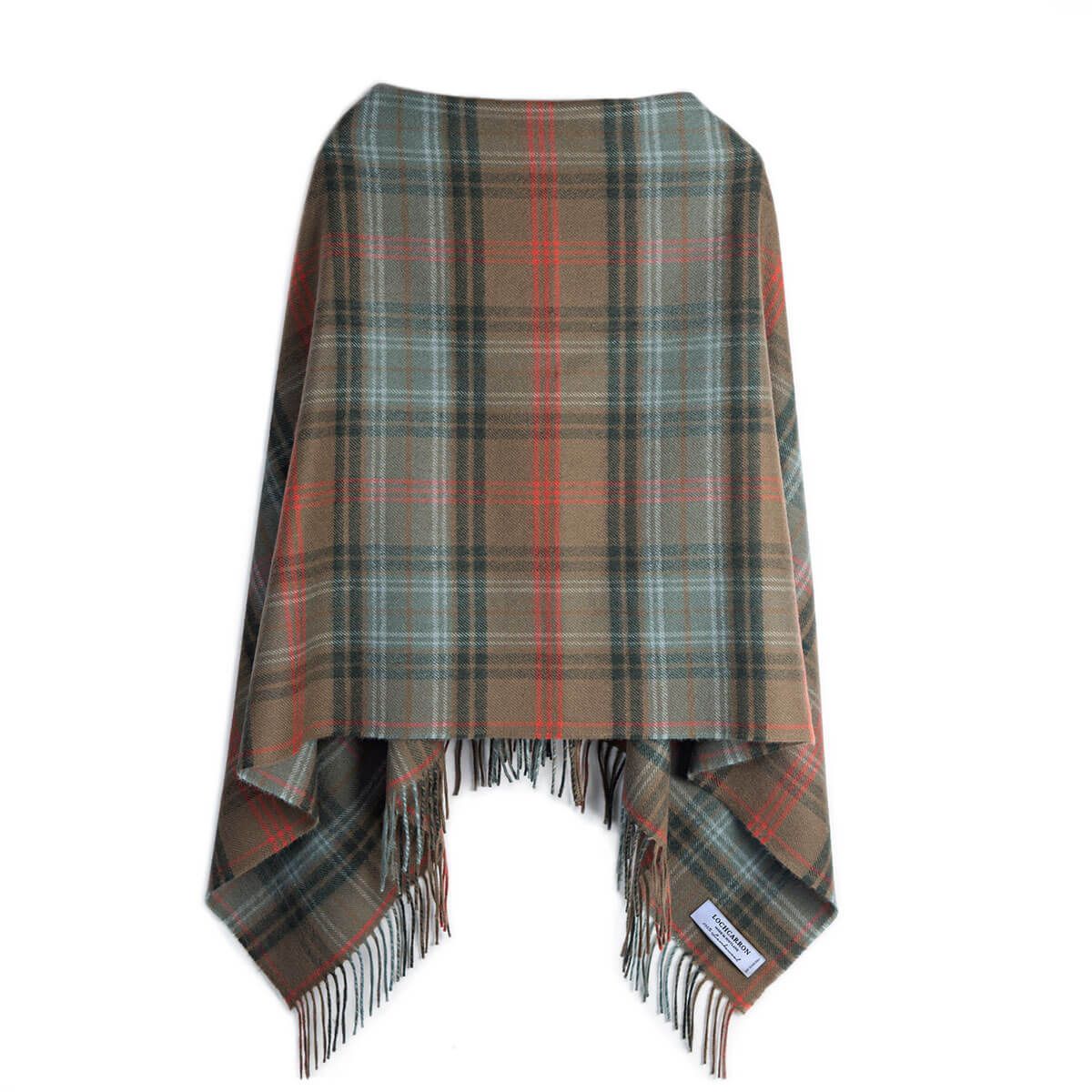 Lochcarron Hunting Weathered Tartan Lambswool Poncho - Warm Scottish Wool Wrap for Outdoor Adventures, Camping & Fall Fashion