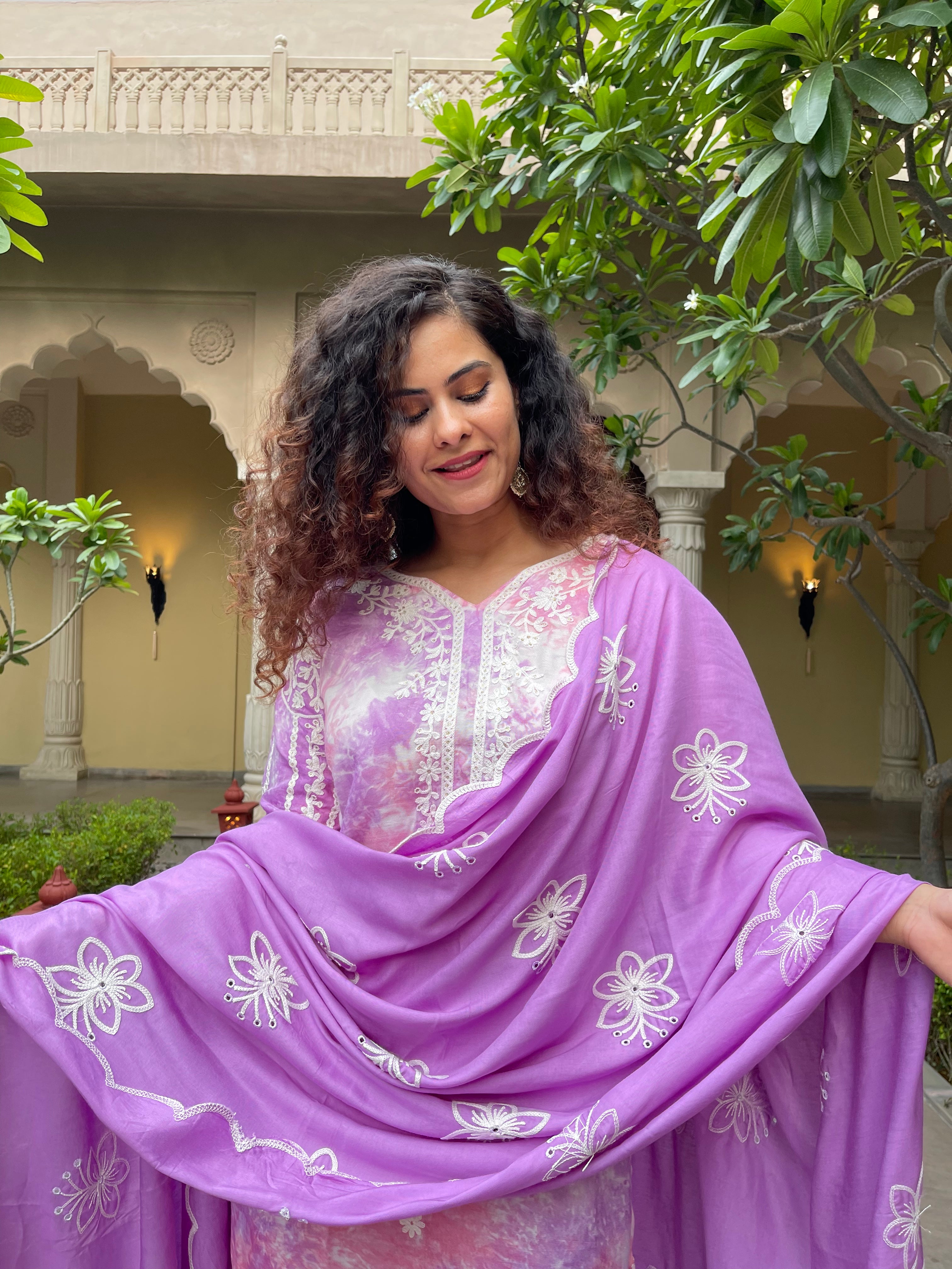 Stylish Purple Tie And Dye Lucknowi Kurta Suit Set for Women | Traditional Indian Ethnic Wear | Perfect for Festivals, Weddings & Special Occasions