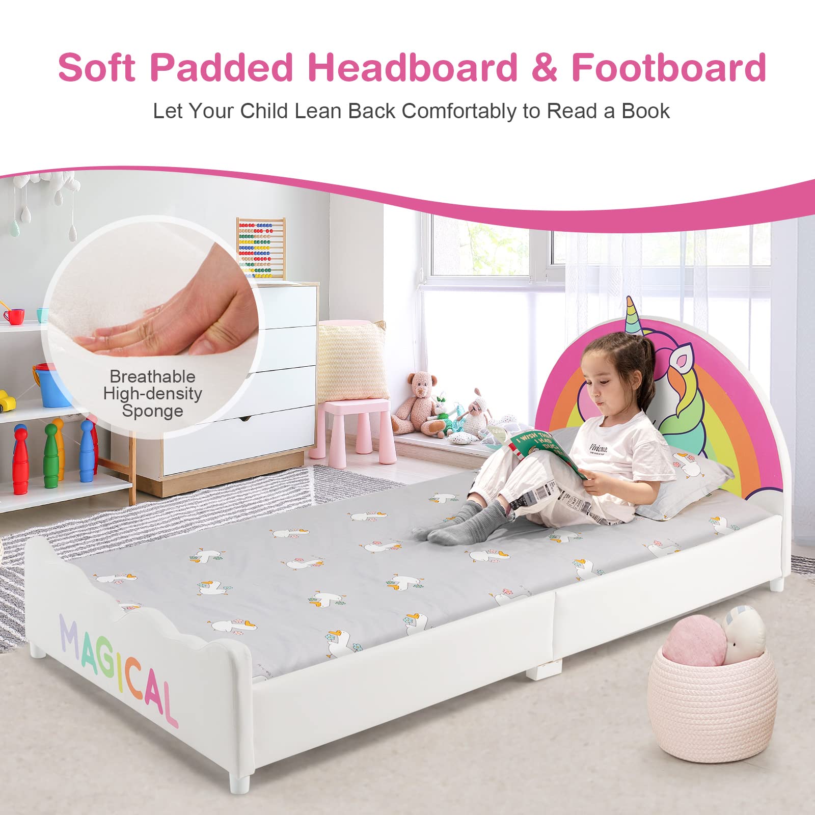 Costzon Twin Bed Frame for Kids - Wood Upholstered Platform Bed with Slat Support & Padded Headboard/Footboard - No Box Spring Needed - Easy Assembly - Fits Standard Twin Mattress (Rainbow) - Perfect for Kids' Bedrooms, Guest Rooms & Small Spaces